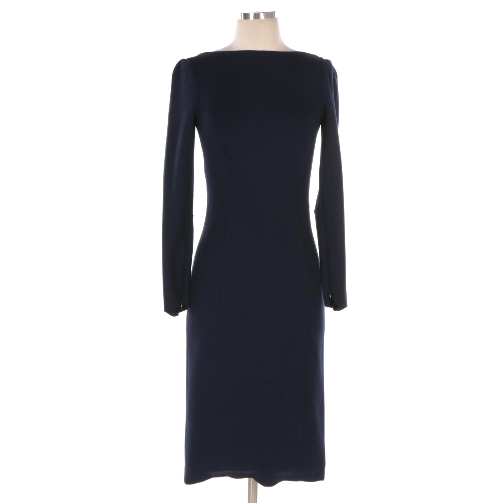 Prada Sheath Dress in Navy Blue Wool Blend Jersey Knit