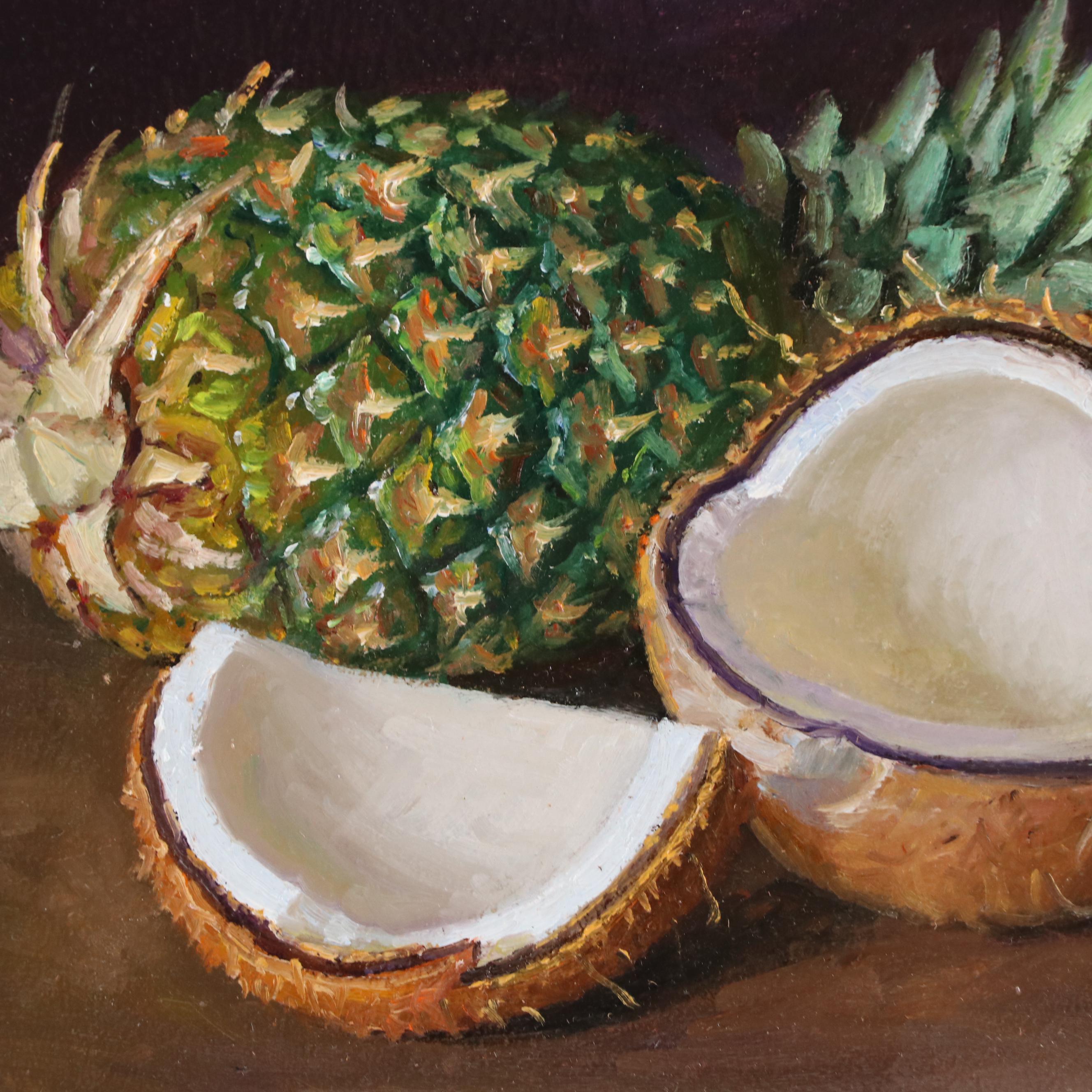 Y. Wang Still Life Oil Painting of Pineapple and Coconut, 2023