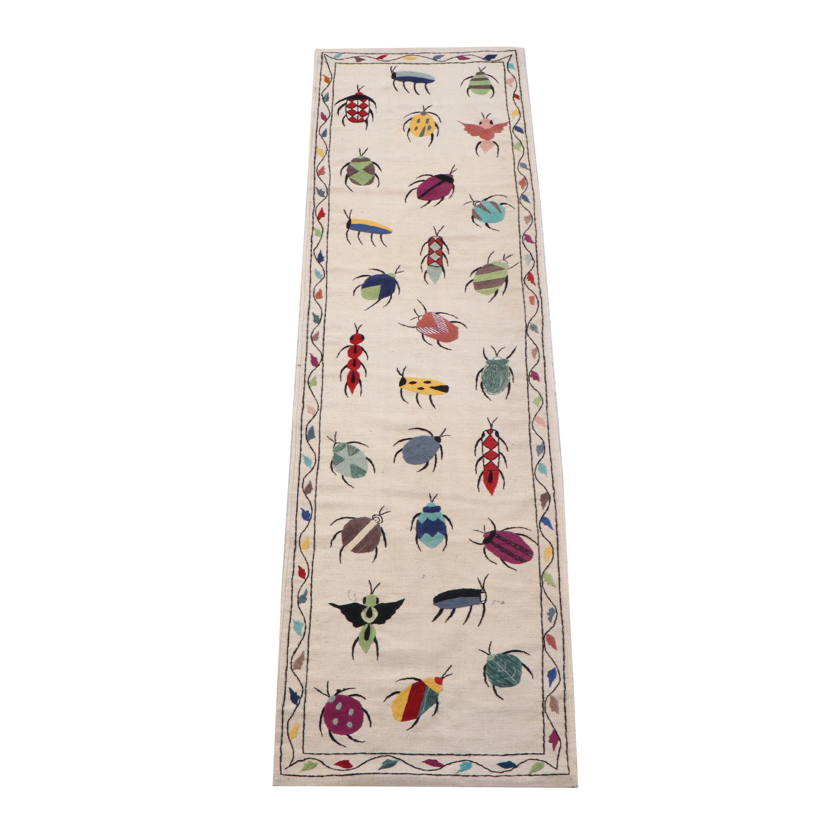 2'9 x 9'10 Handwoven Indian Carpet Runner With Embroidered Insects