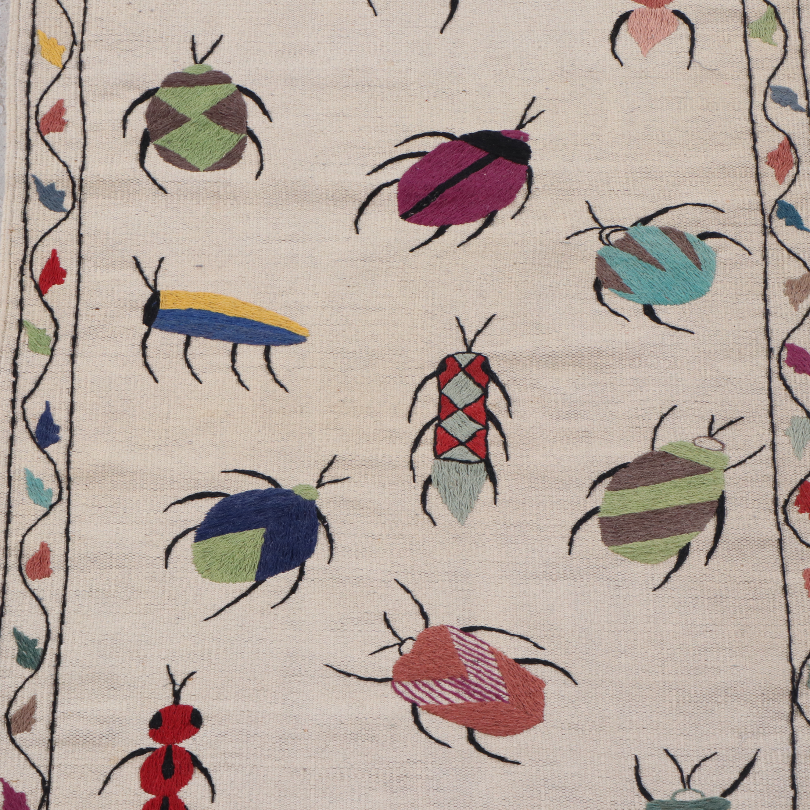2'9 x 9'10 Handwoven Indian Carpet Runner With Embroidered Insects