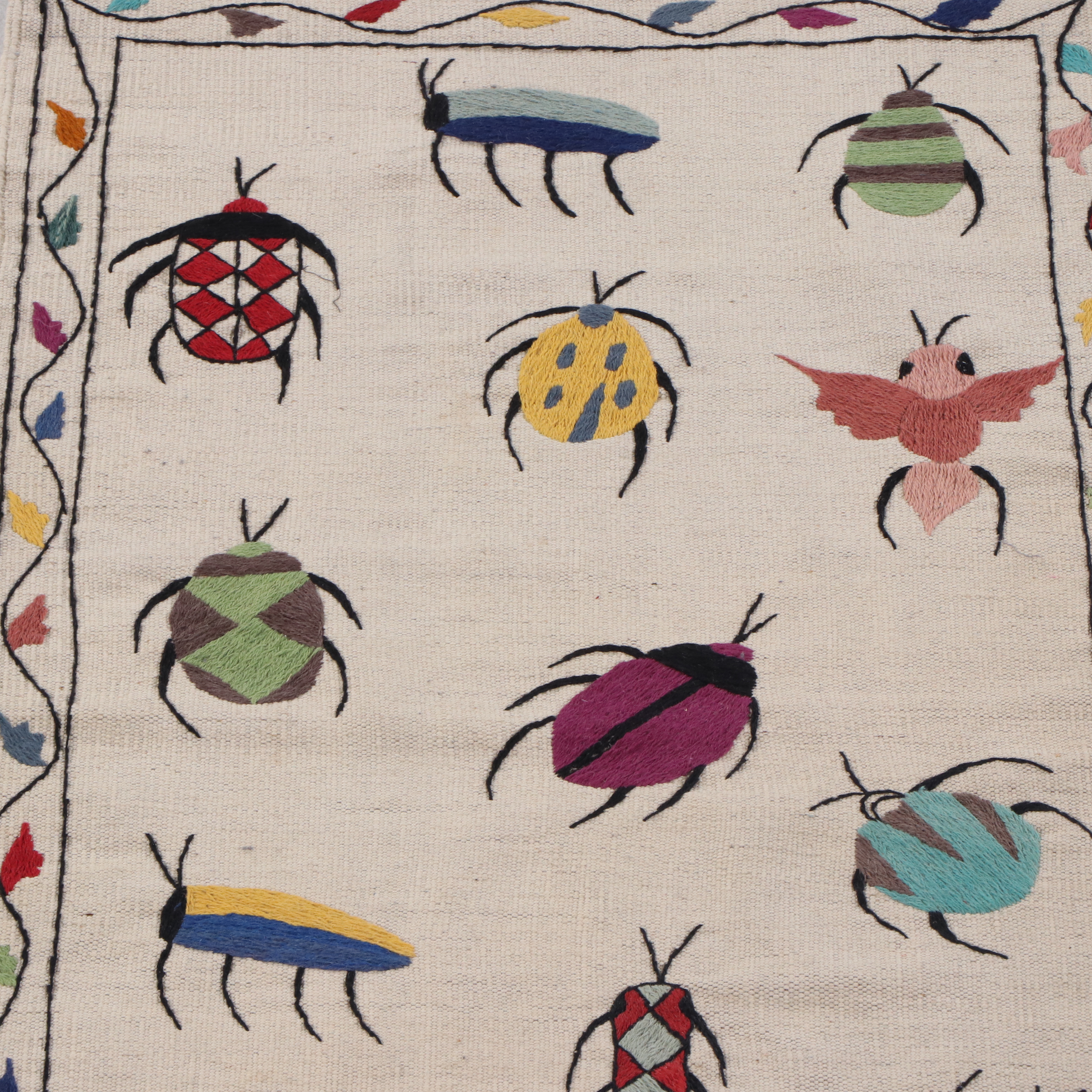 2'9 x 9'10 Handwoven Indian Carpet Runner With Embroidered Insects