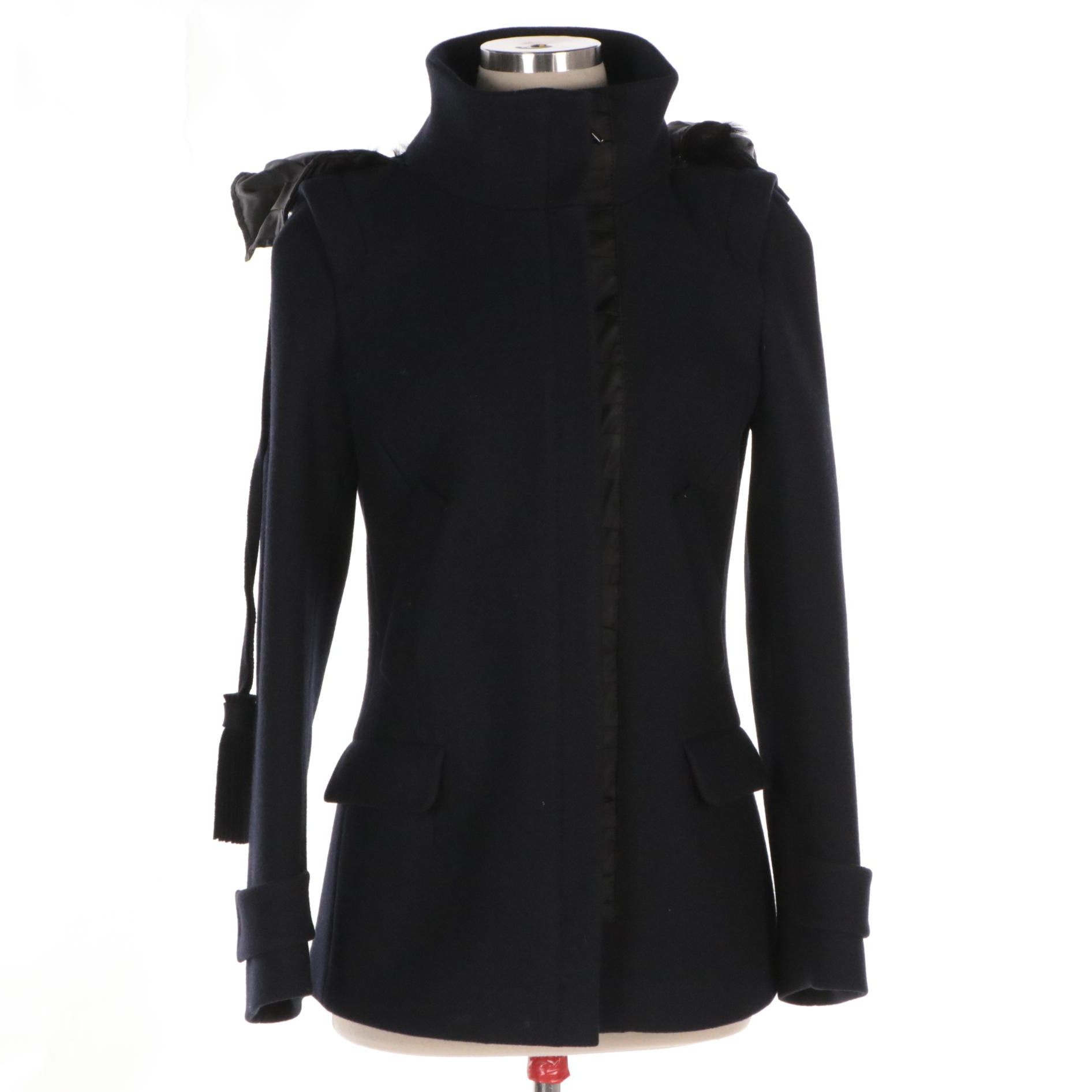 Prada Wool Jacket with Trim Detail and Detachable Shearling Hood
