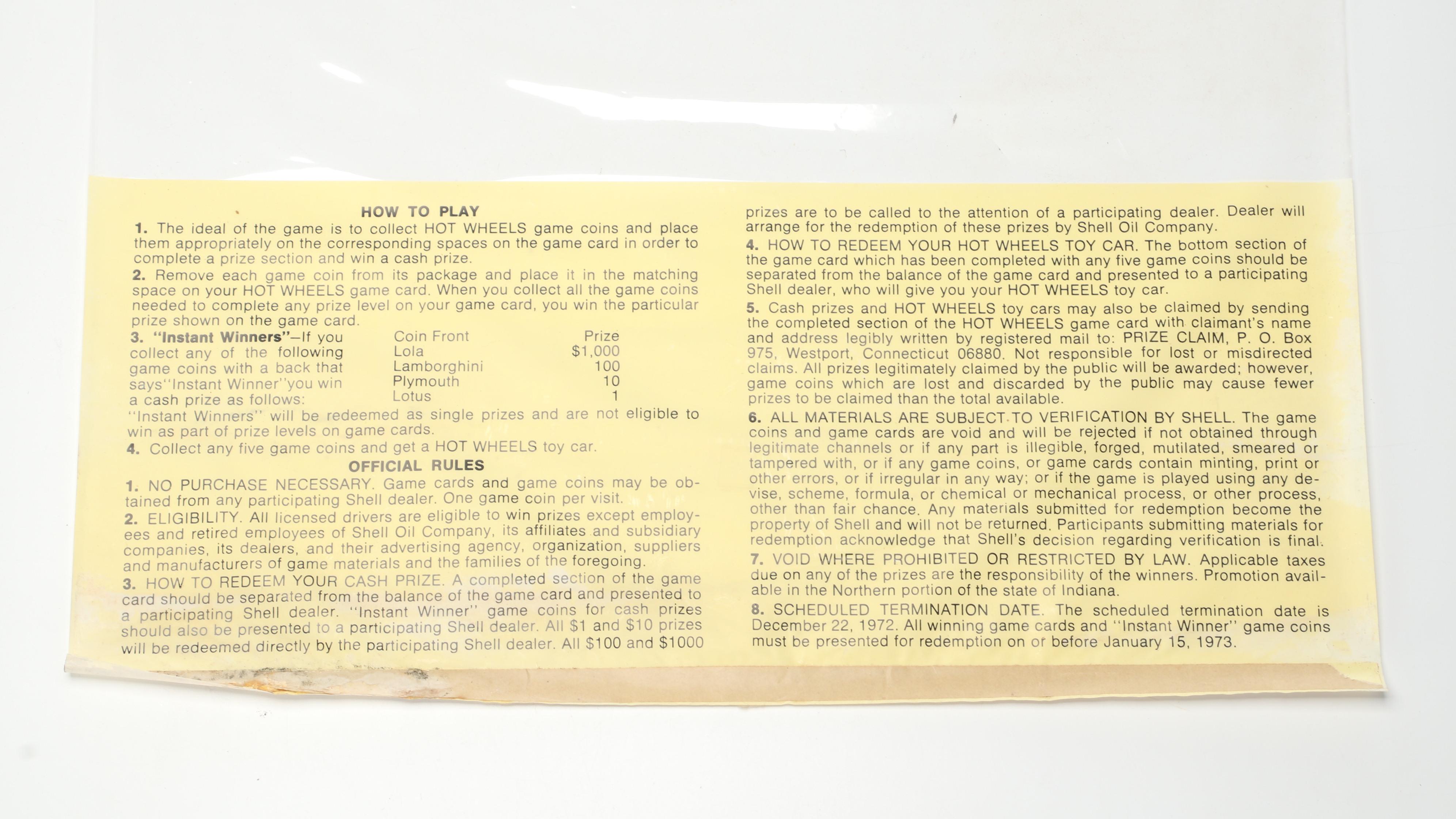 Hot Wheels Shell Oil Cross-Promotional Coin Game Poster with Payout Poster, 1972