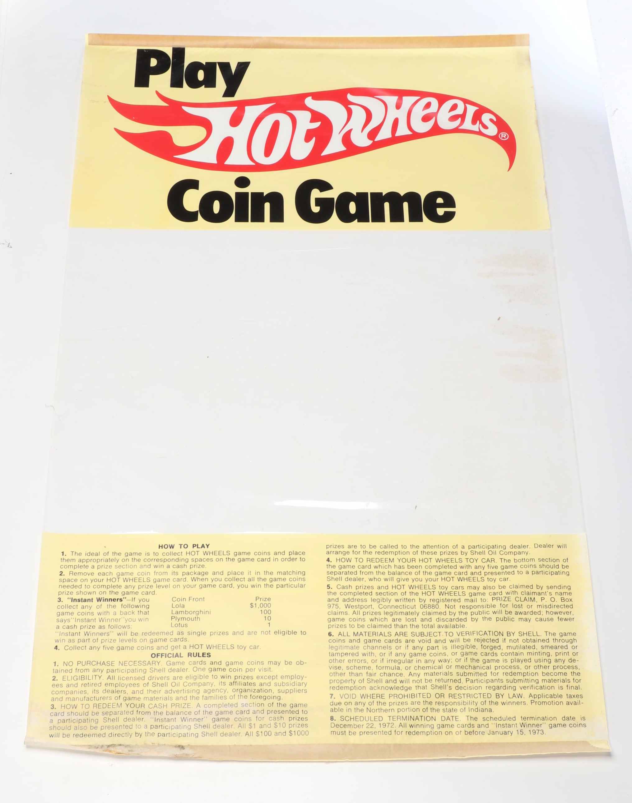 Hot Wheels Shell Oil Cross-Promotional Coin Game Poster with Payout Poster, 1972