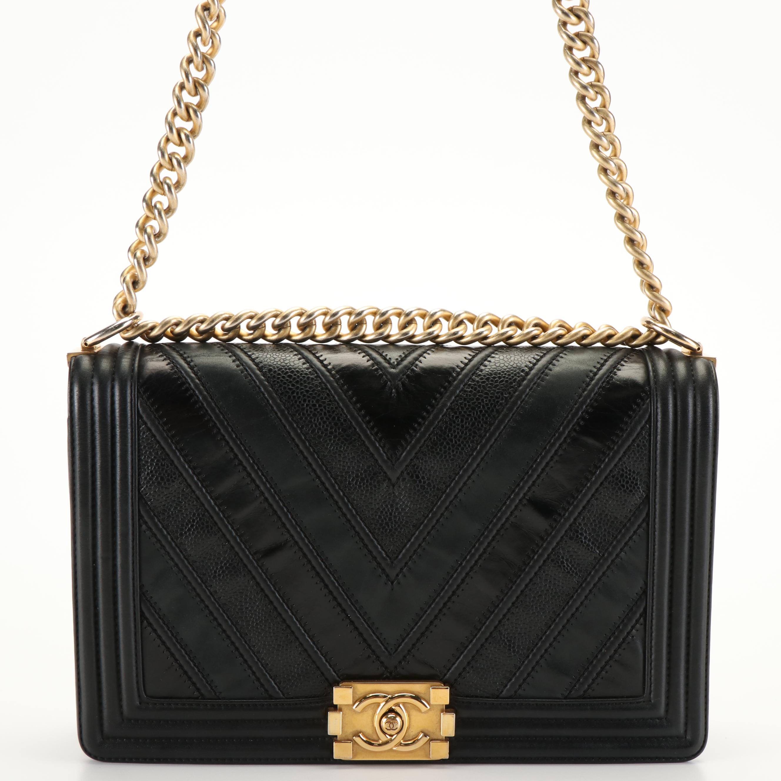 Chanel Boy Crossbody Bag in Black Chevron Leathers