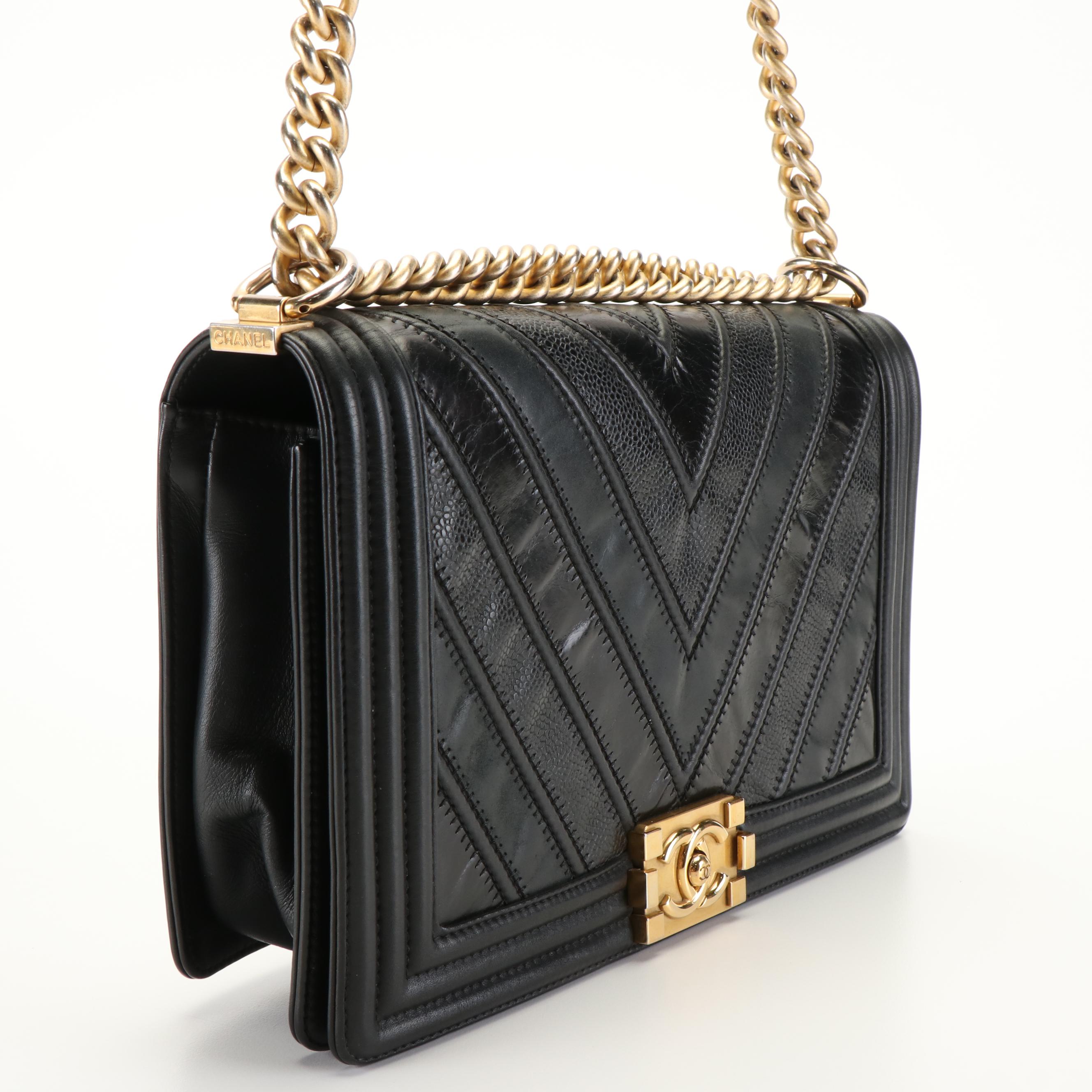 Chanel Boy Crossbody Bag in Black Chevron Leathers