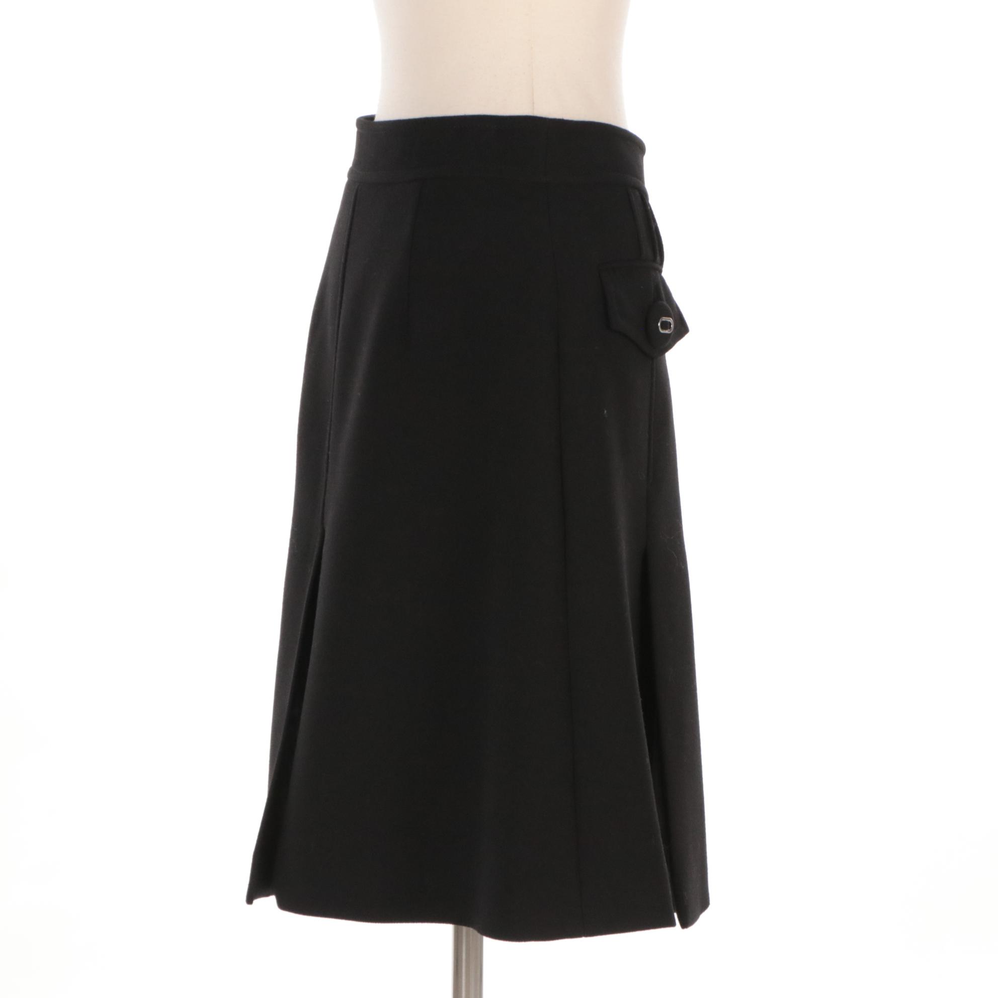 Prada Black Virgin Wool Slit Panel Skirt with Signature Button Pockets