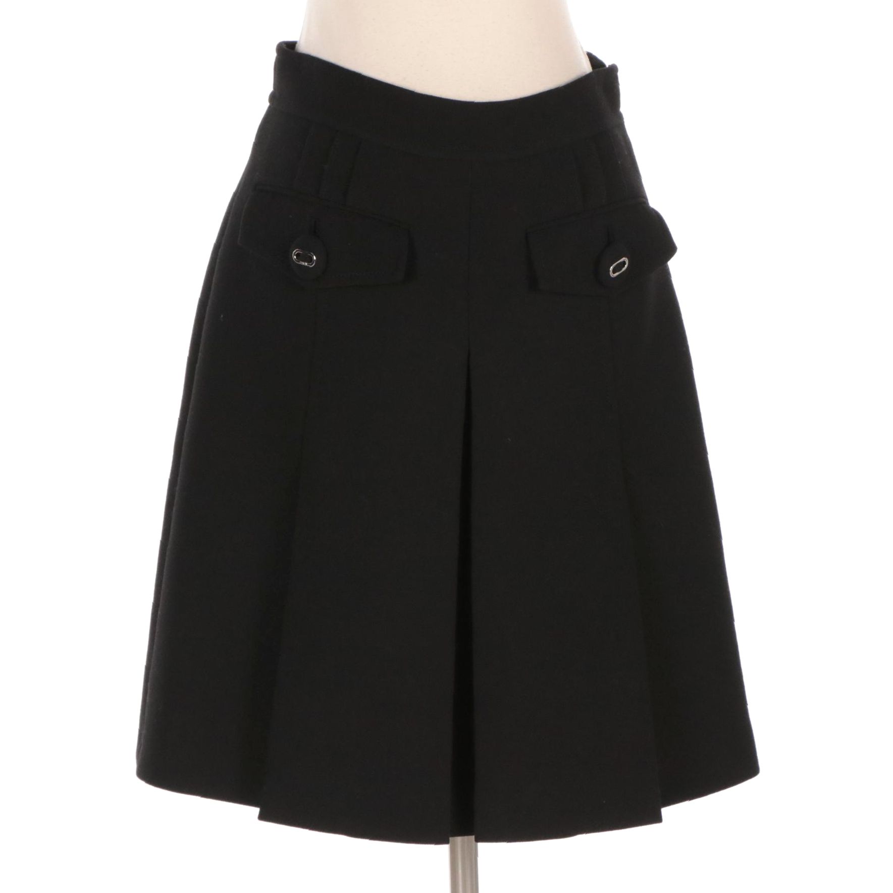 Prada Black Virgin Wool Slit Panel Skirt with Signature Button Pockets