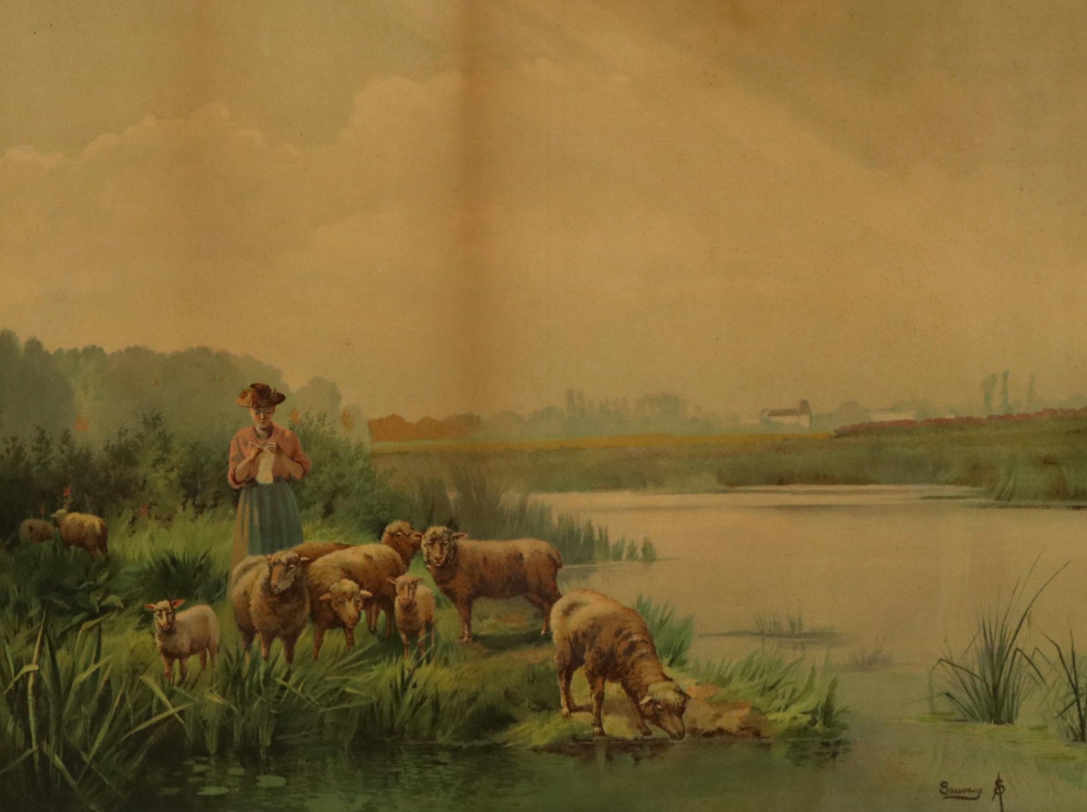 Chromolithograph After Arsene Sauvage of a Shepherdess and Sheep