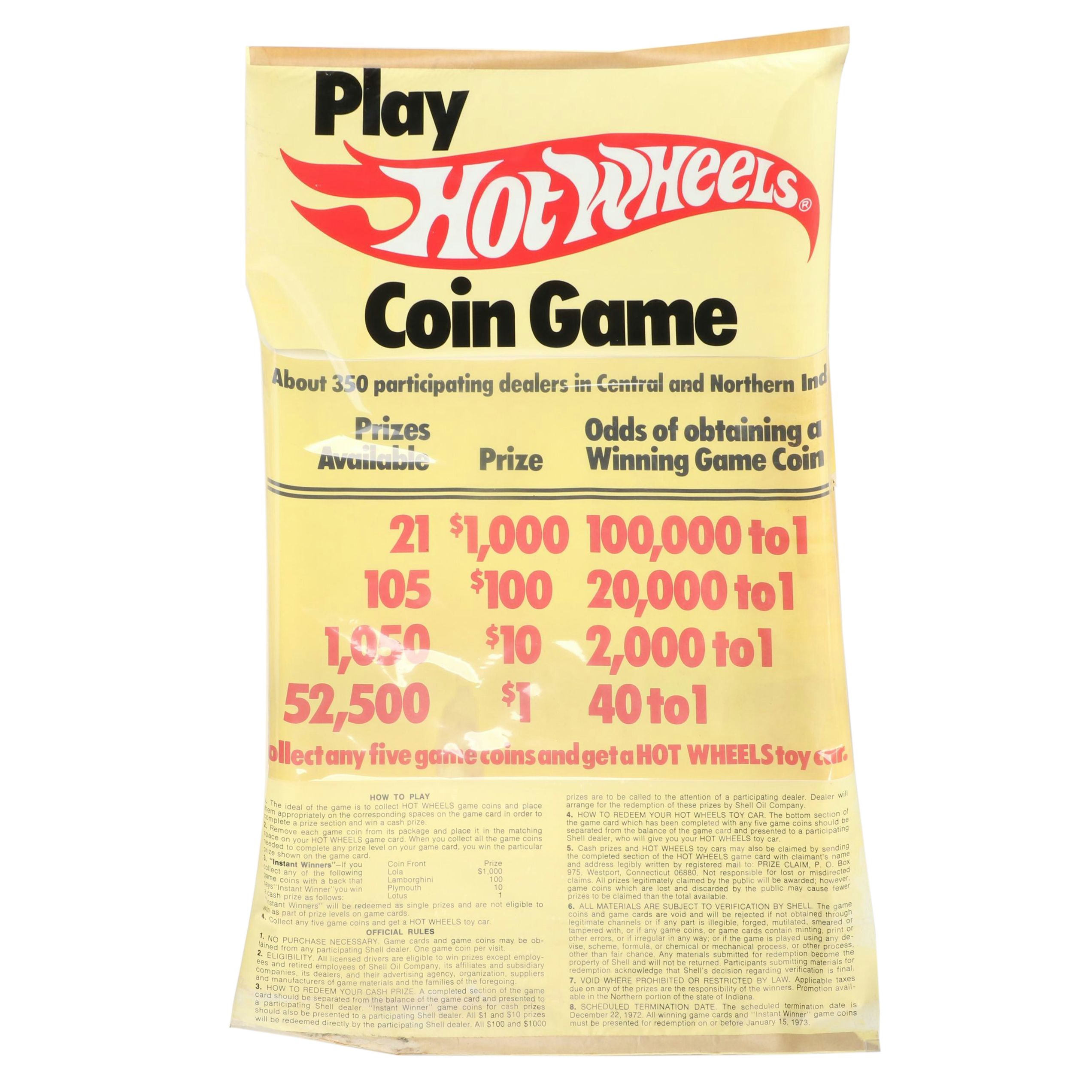 Hot Wheels Shell Oil Cross-Promotional Coin Game Poster with Payout Poster, 1972