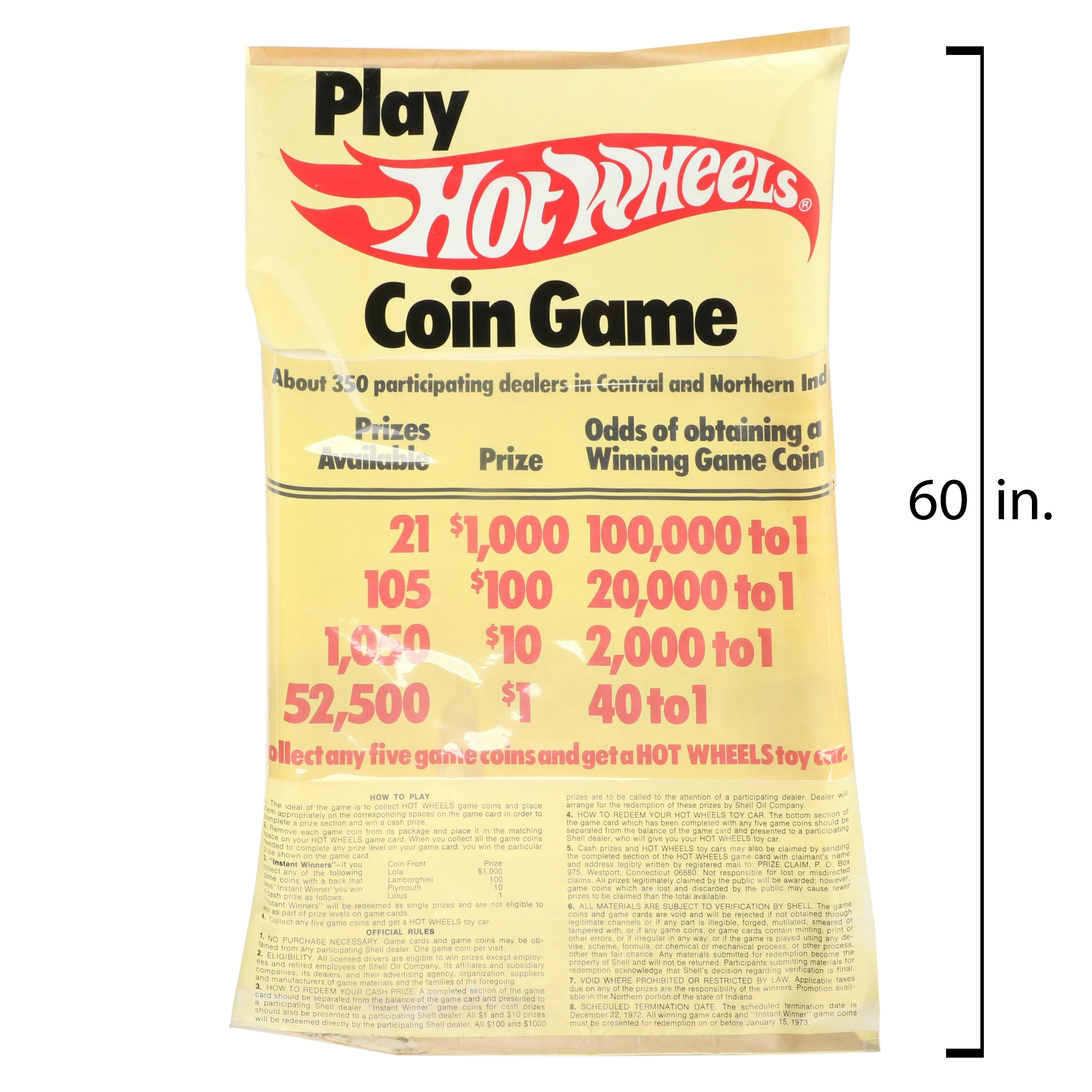 Hot Wheels Shell Oil Cross-Promotional Coin Game Poster with Payout Poster, 1972