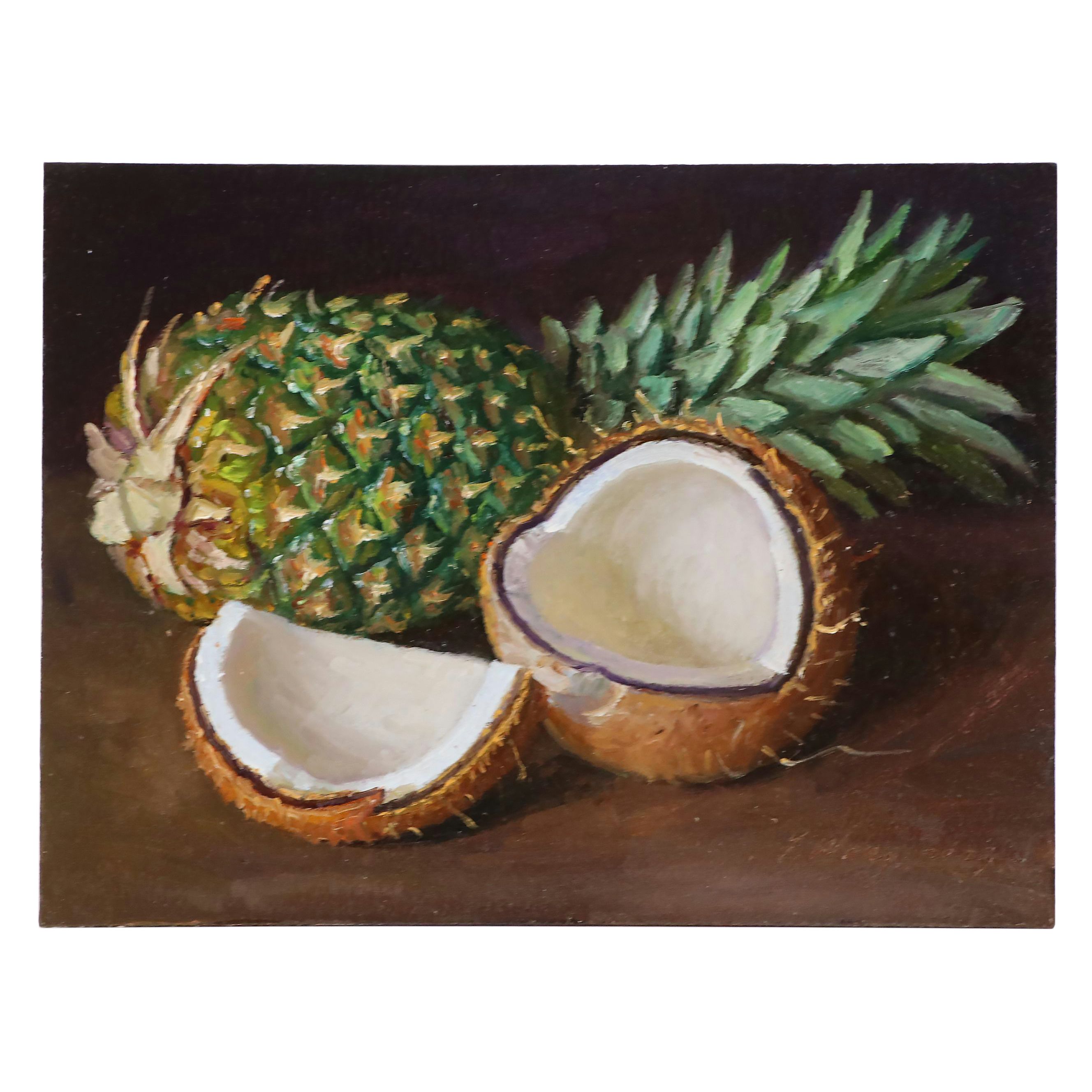 Y. Wang Still Life Oil Painting of Pineapple and Coconut, 2023