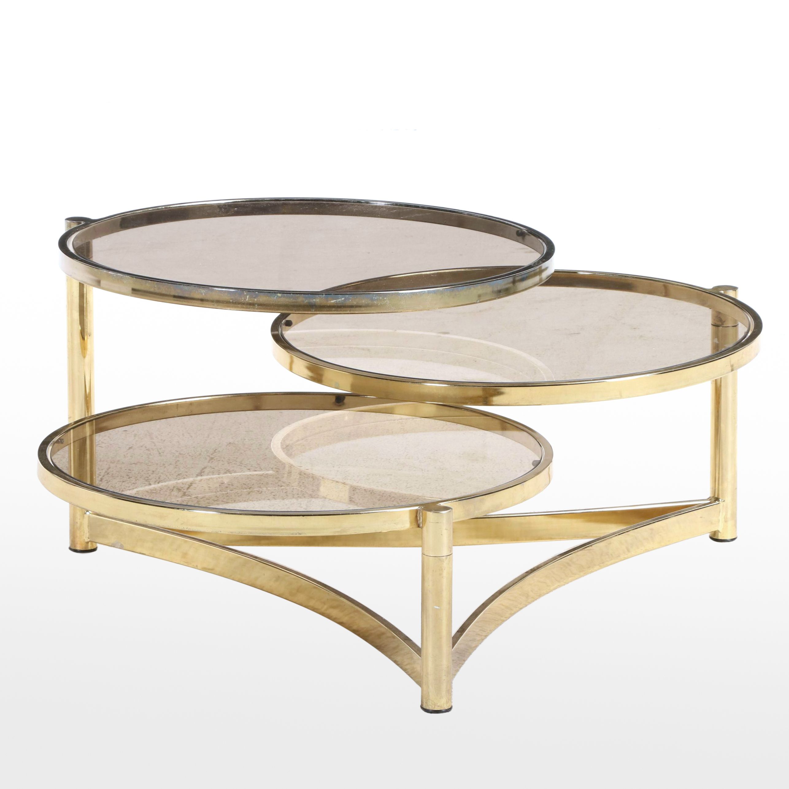 Modernist Brass-Patinated and Smoked Glass Three-Tier Swivel-Top Coffee Table