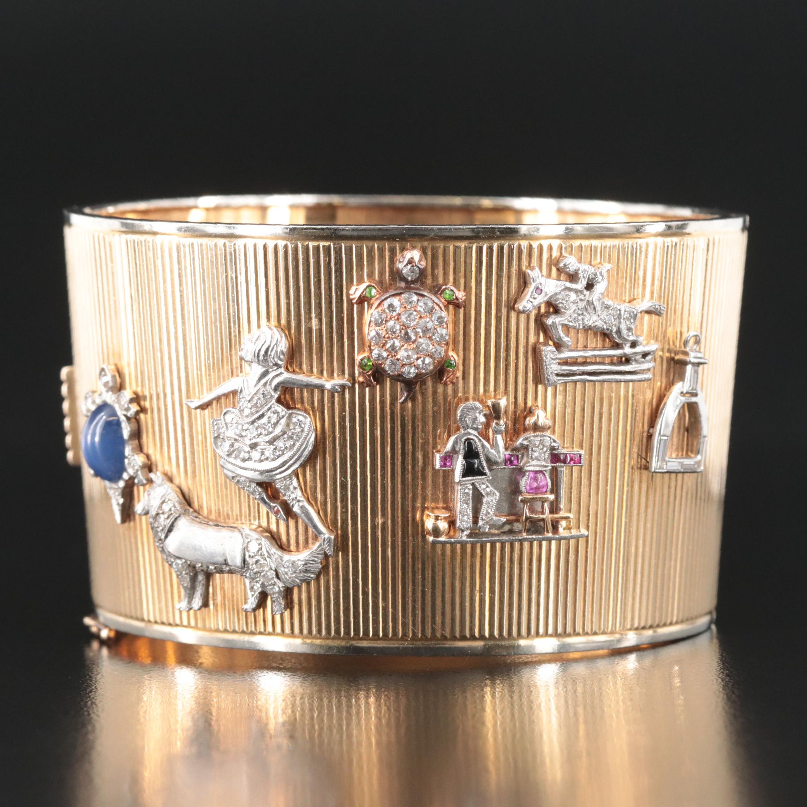 Art Deco 14K 2.08 CTW Diamond and Gemstone Fluted Cuff with Platinum Accents