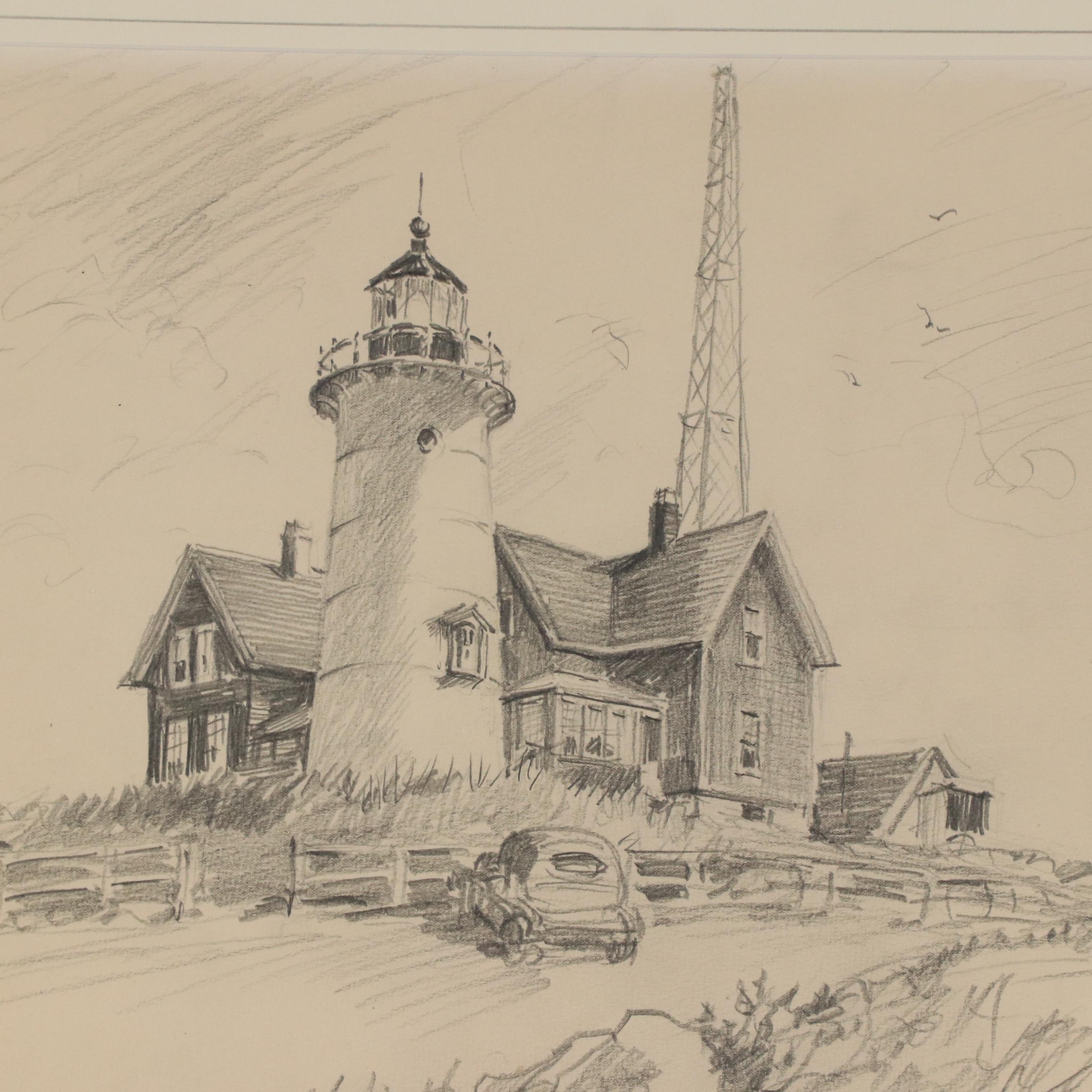 Frank Vining Smith Graphite Drawing Landscape With Lighthouse, 1950