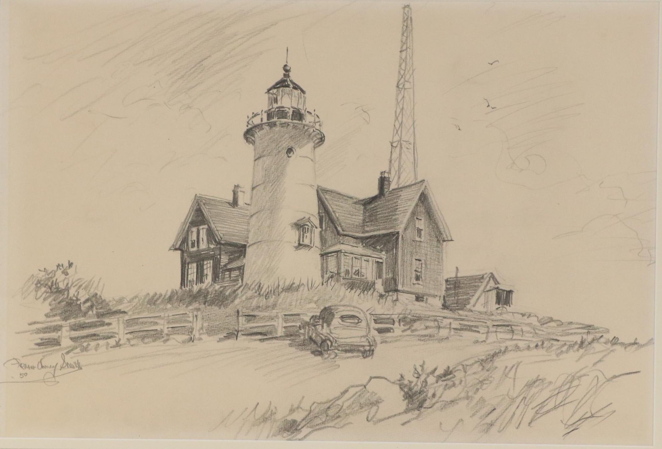 Frank Vining Smith Graphite Drawing Landscape With Lighthouse, 1950