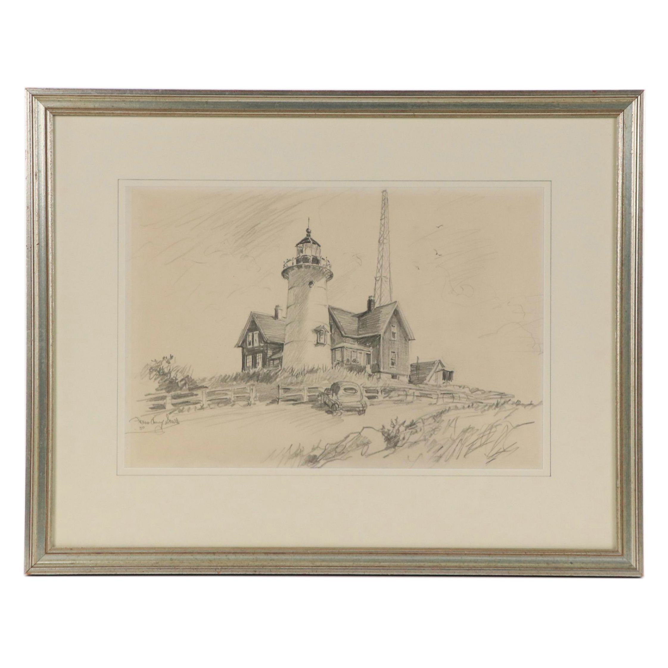 Frank Vining Smith Graphite Drawing Landscape With Lighthouse, 1950