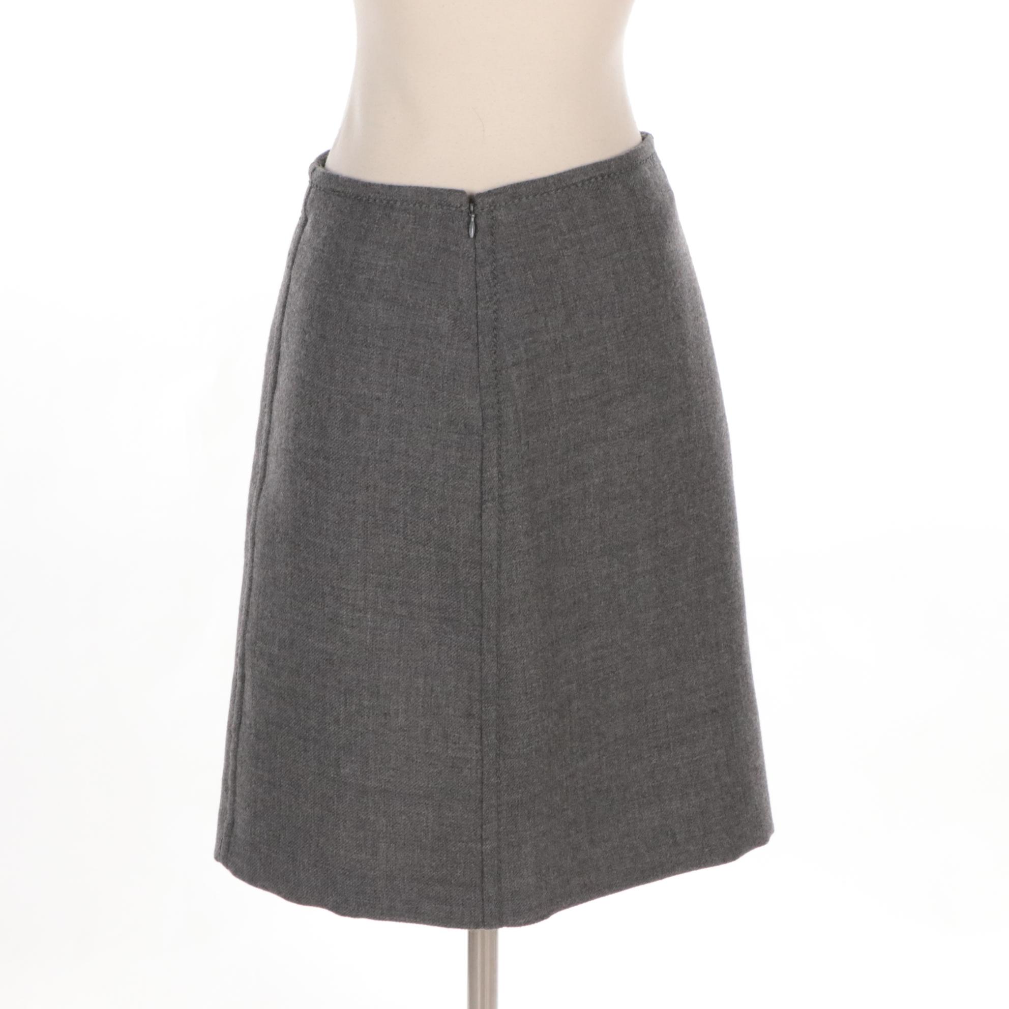Prada Wool Blend A-Line Skirt with Tonal Embroidered Detail