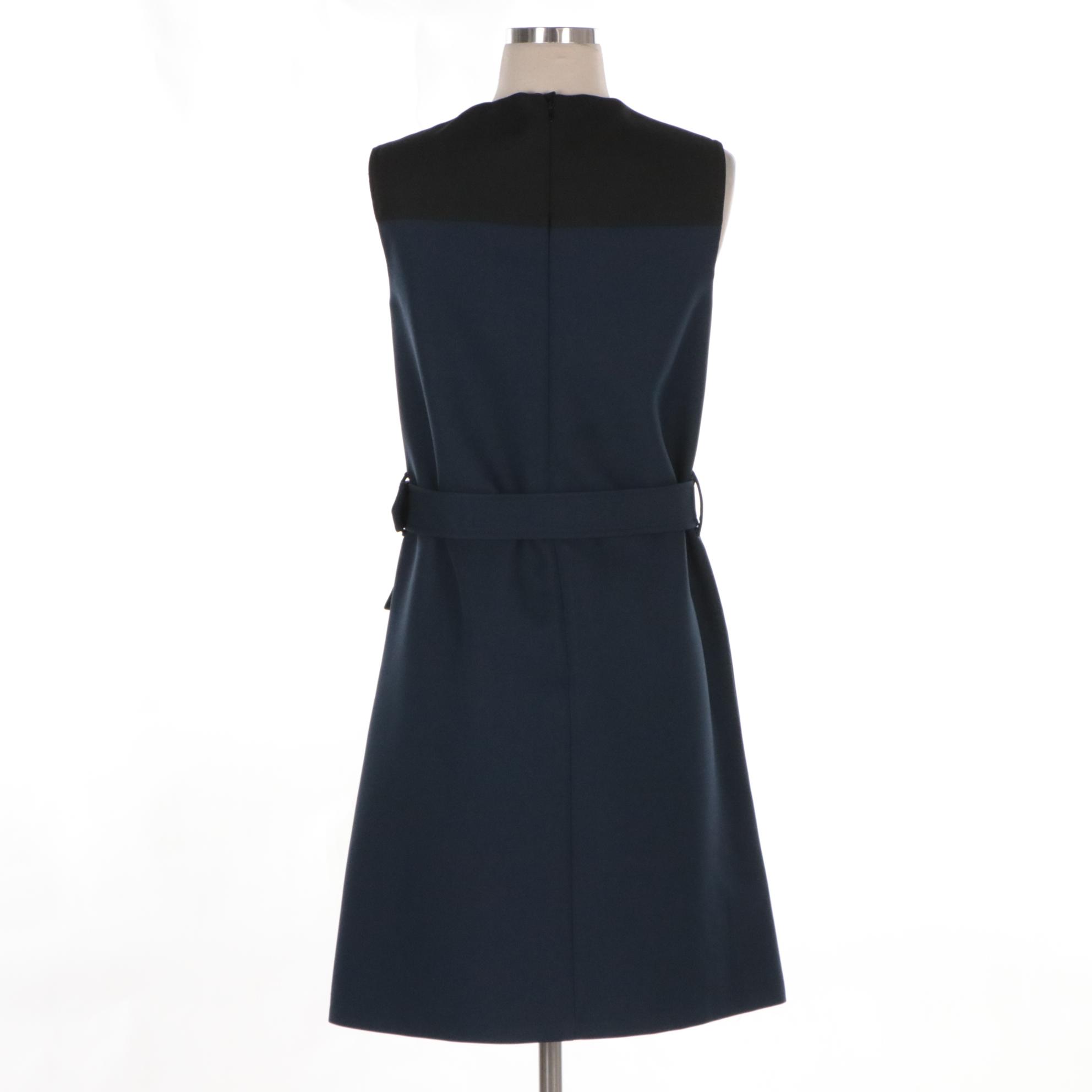 Prada Color-Block Belted Patch Pocket Dress in Black, Green and Navy Polyester