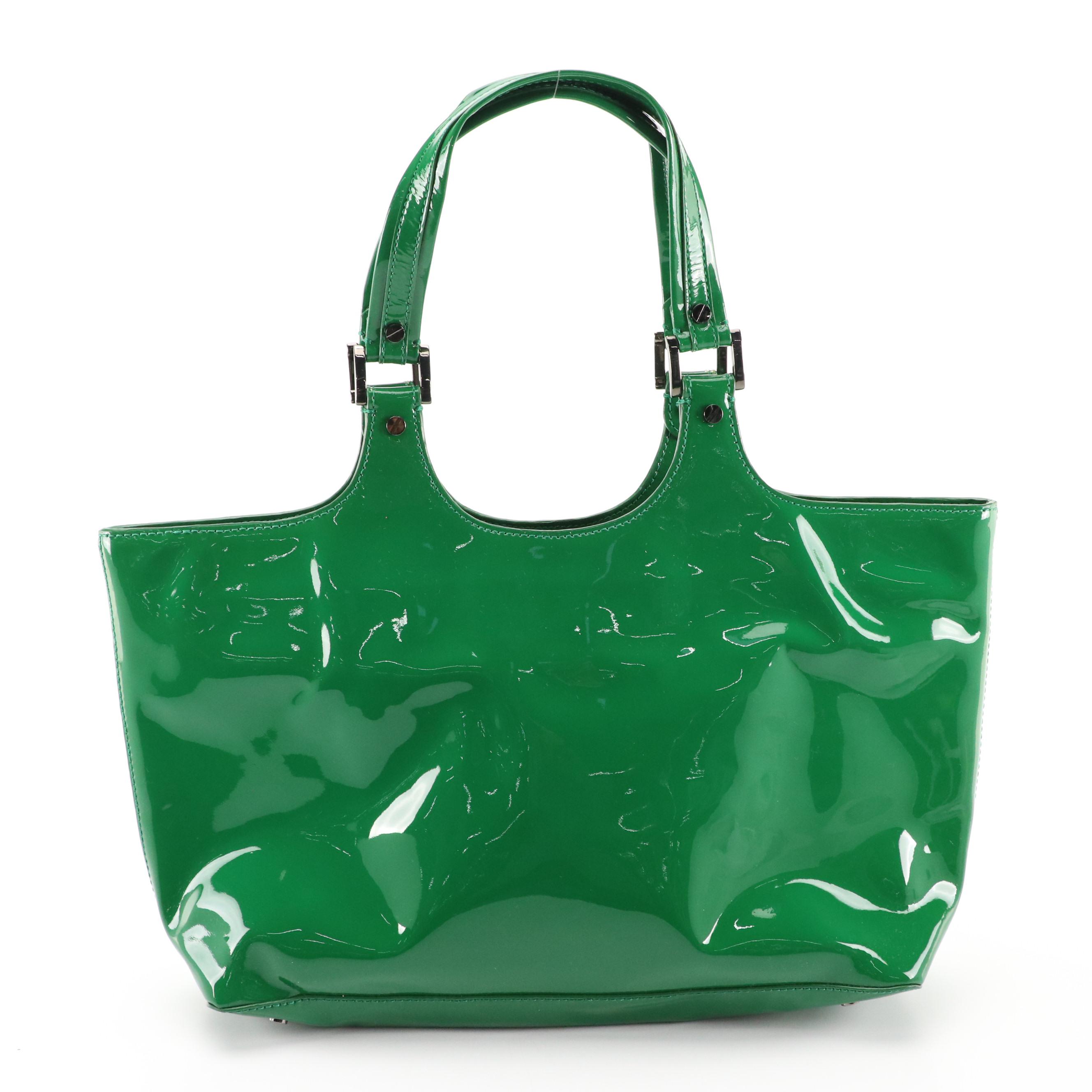 Tory Burch Green Patent Leather Perforated Logo Tote