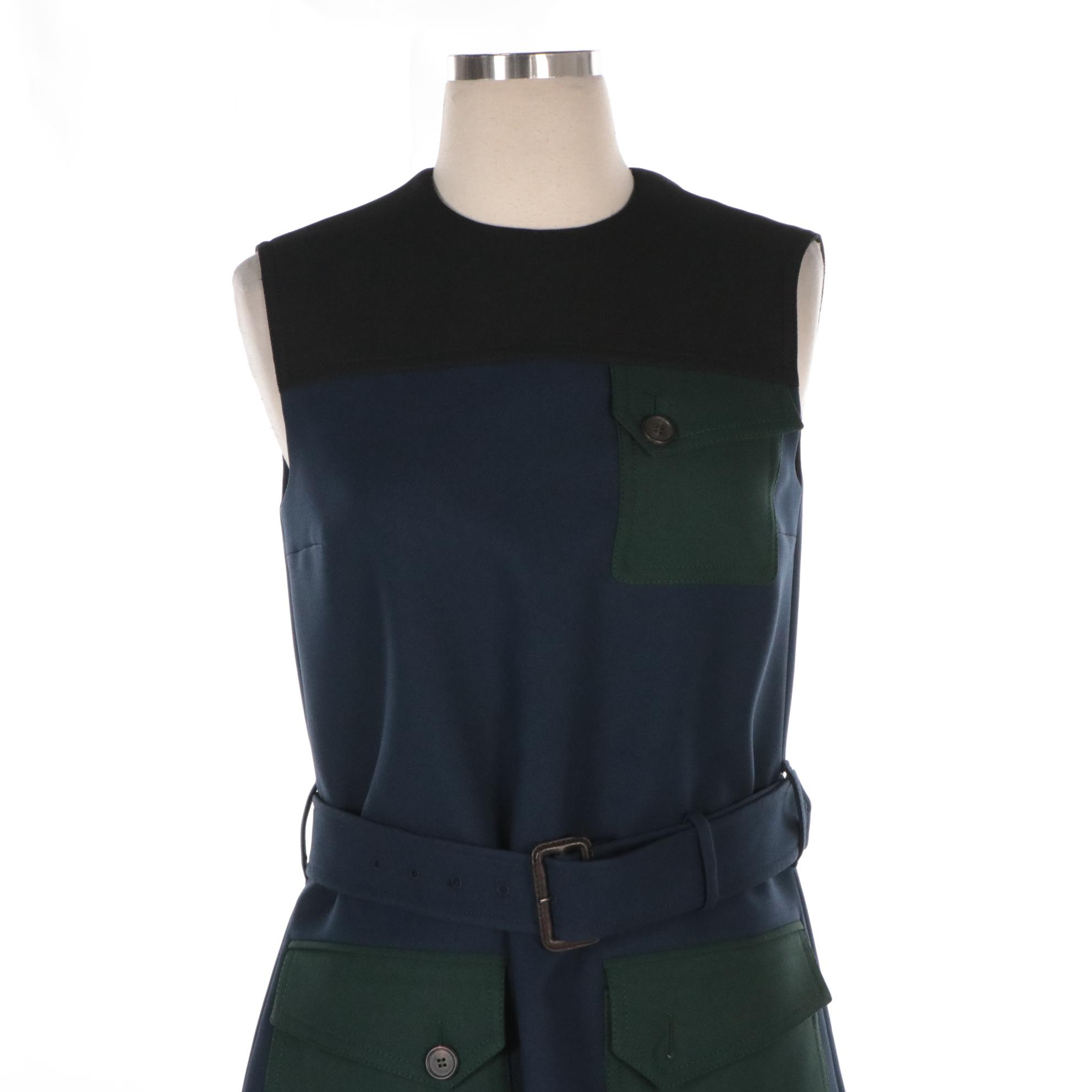 Prada Color-Block Belted Patch Pocket Dress in Black, Green and Navy Polyester