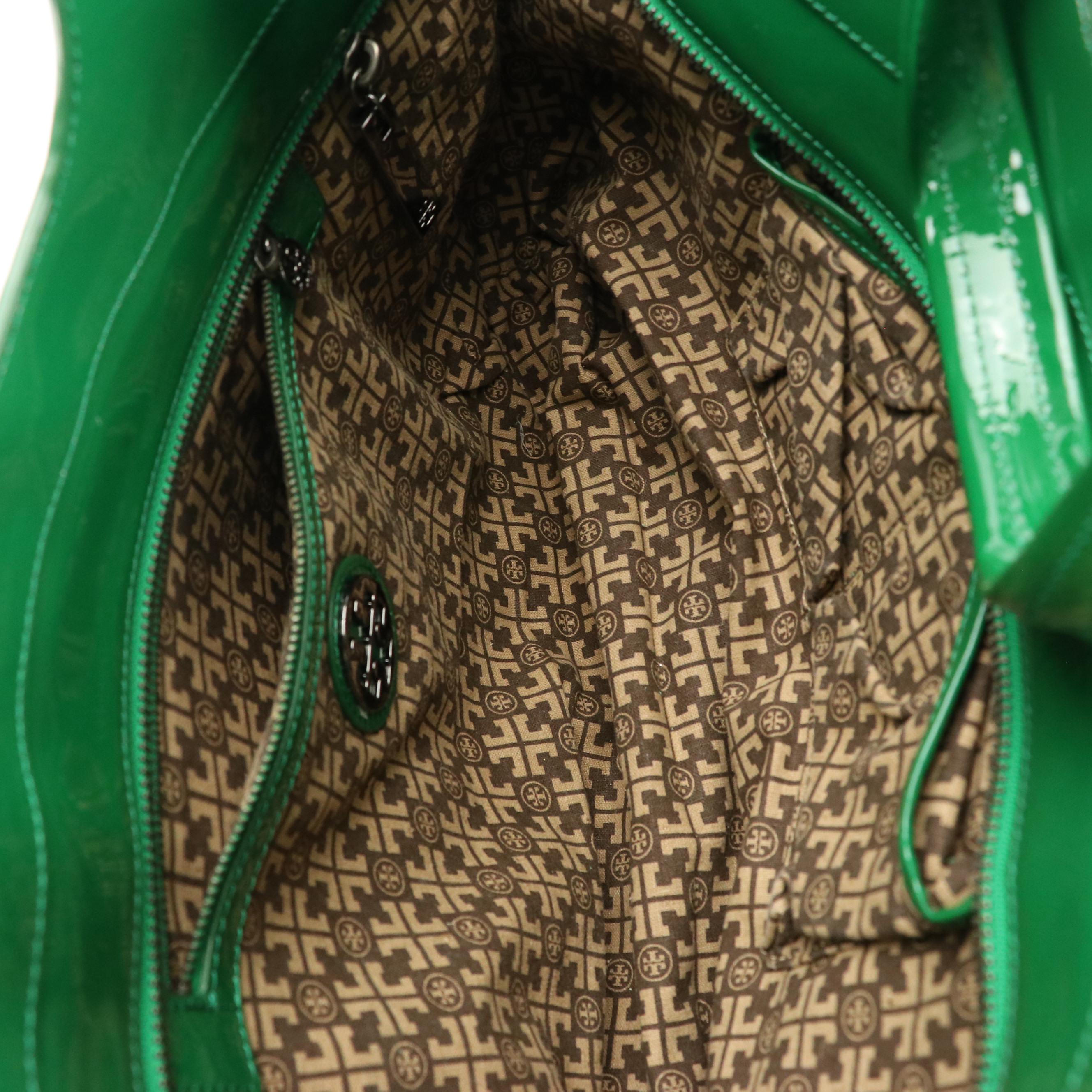 Tory Burch Green Patent Leather Perforated Logo Tote