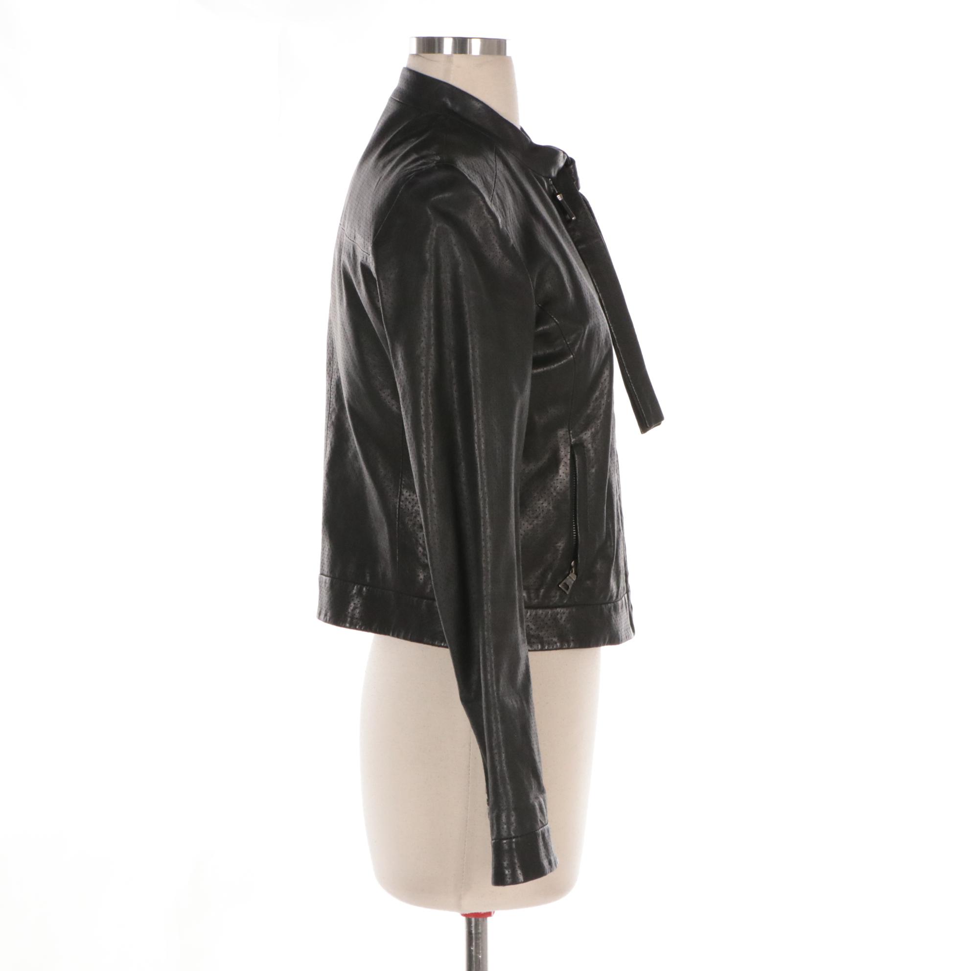 Prada Black Perforated Leather Cropped Zipper-Front Jacket