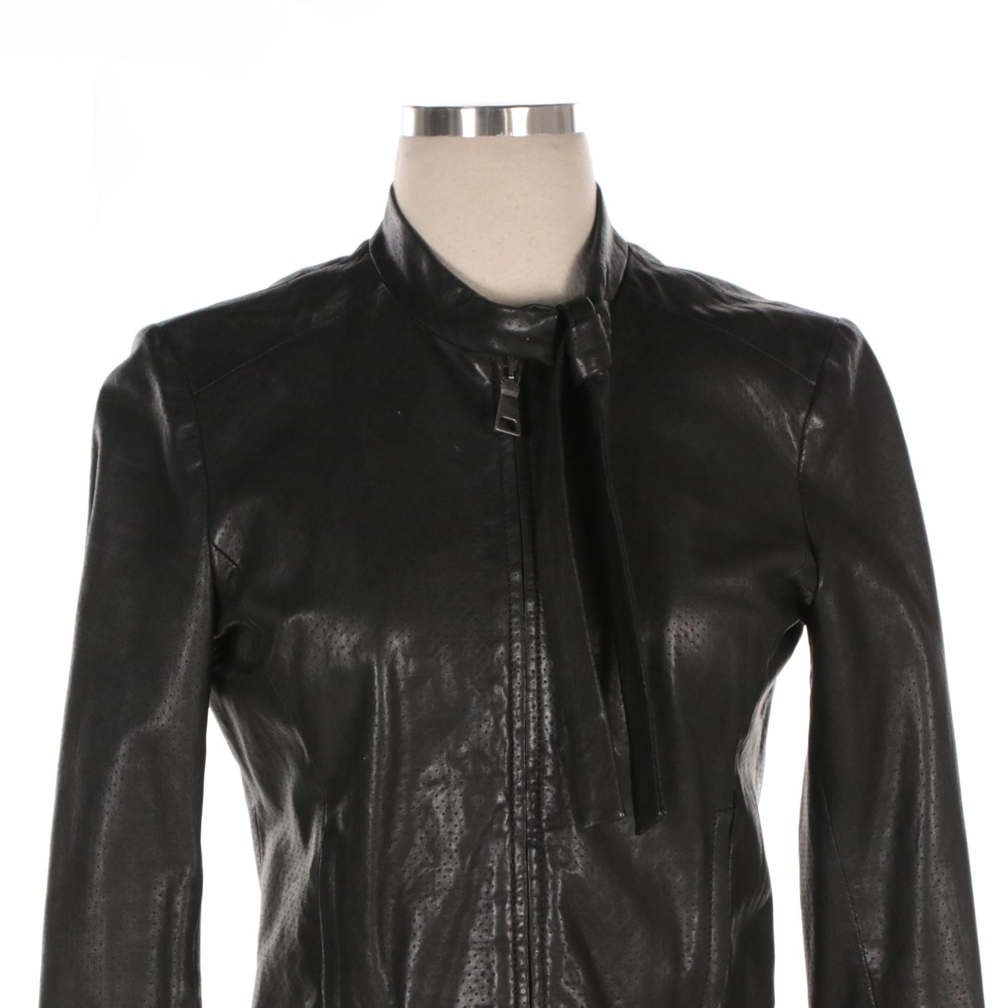 Prada Black Perforated Leather Cropped Zipper-Front Jacket