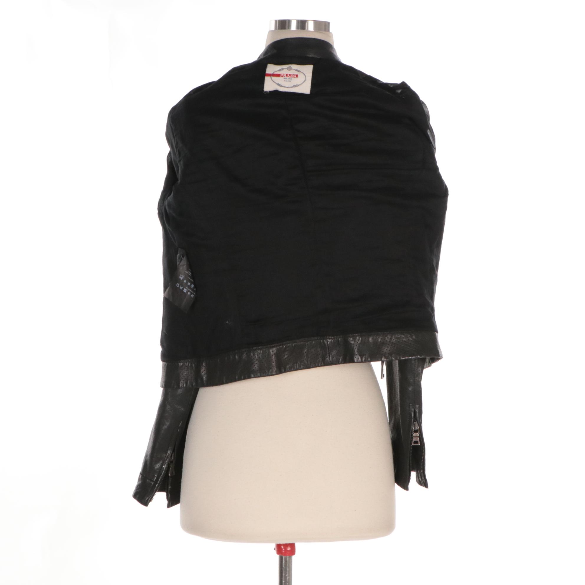 Prada Black Perforated Leather Cropped Zipper-Front Jacket