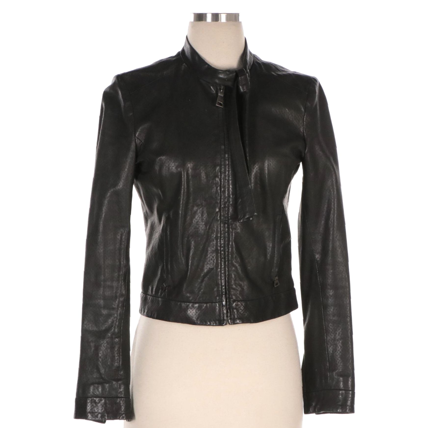 Prada Black Perforated Leather Cropped Zipper-Front Jacket