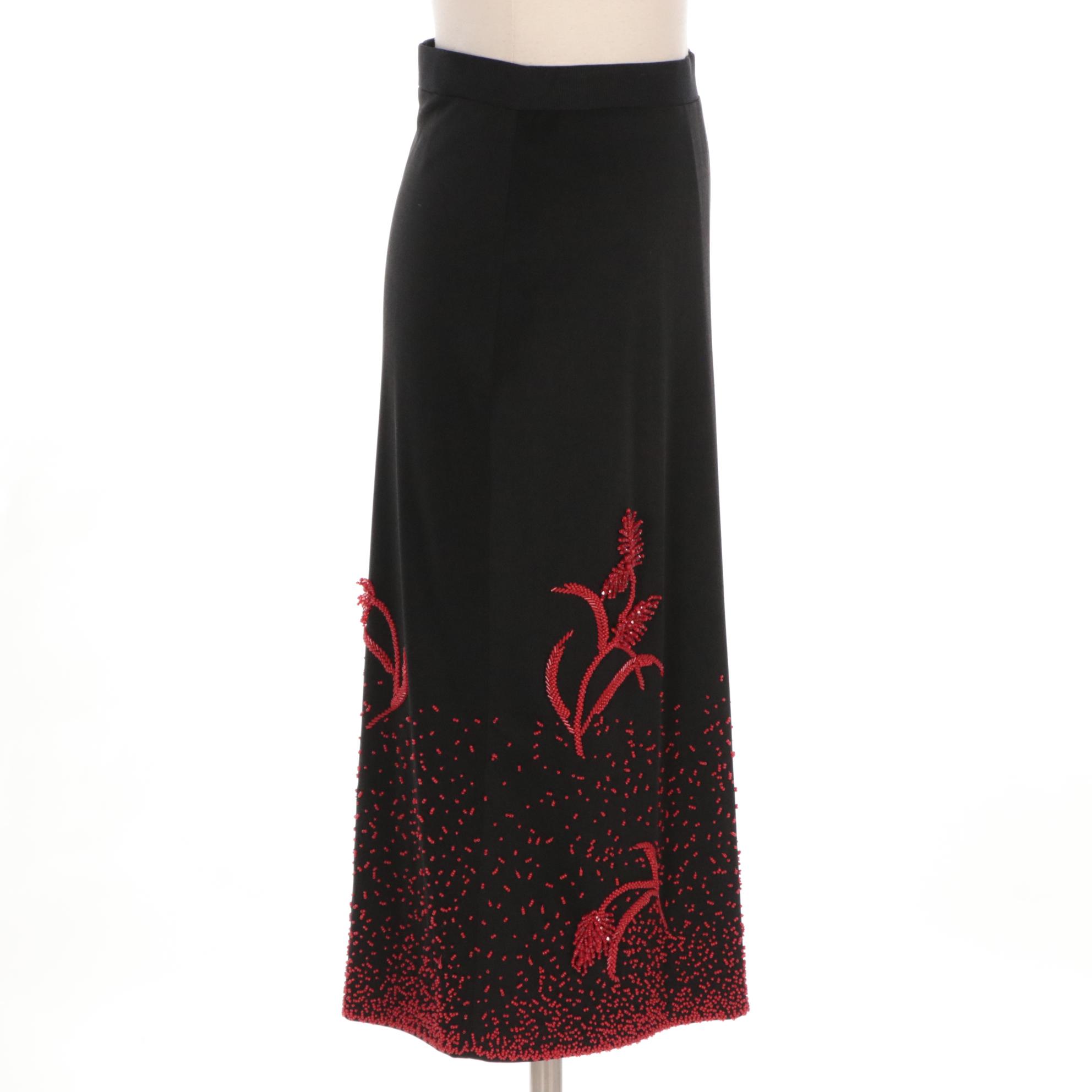 Prada Black Silk Knee-Length Skirt with Red Bead Embellishments