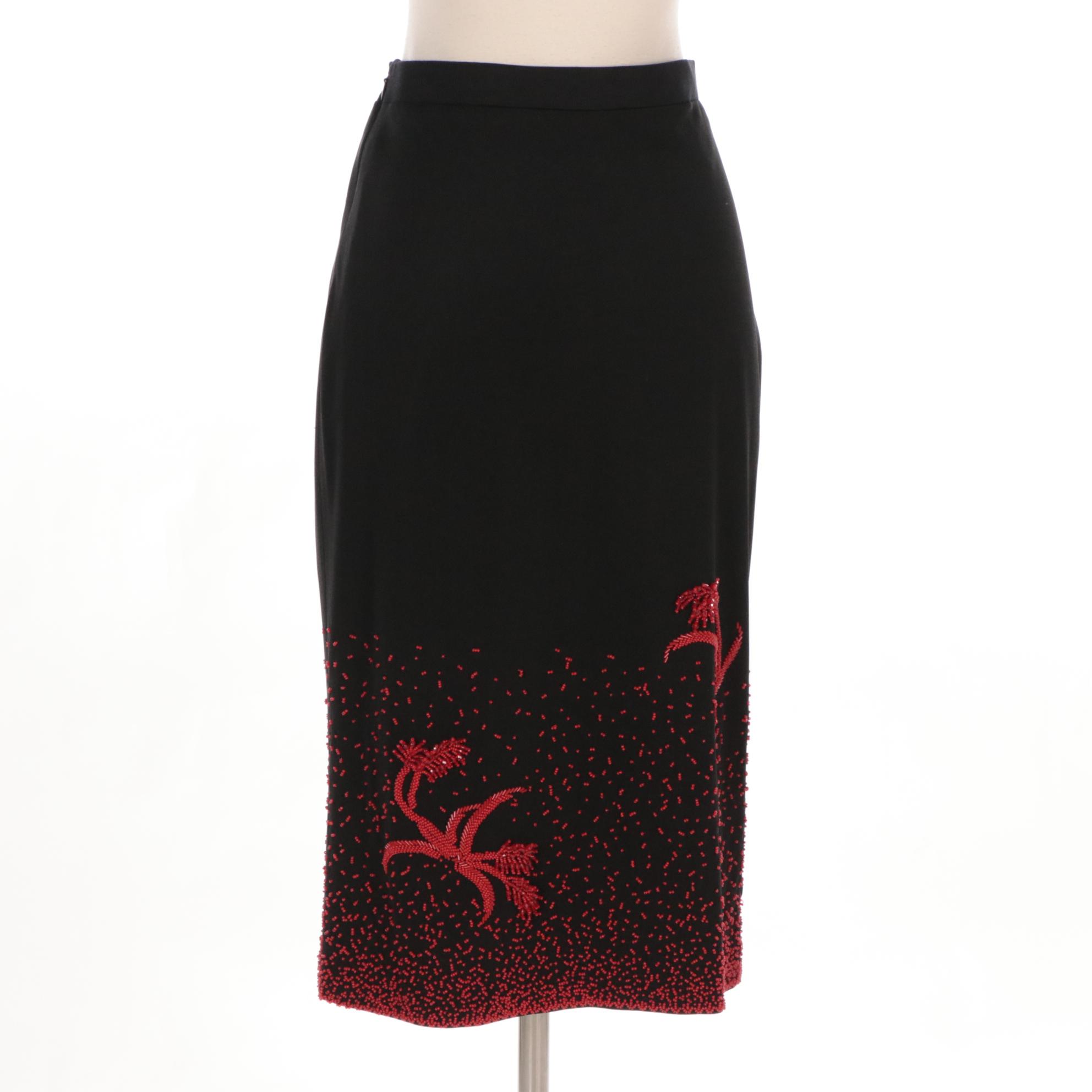 Prada Black Silk Knee-Length Skirt with Red Bead Embellishments