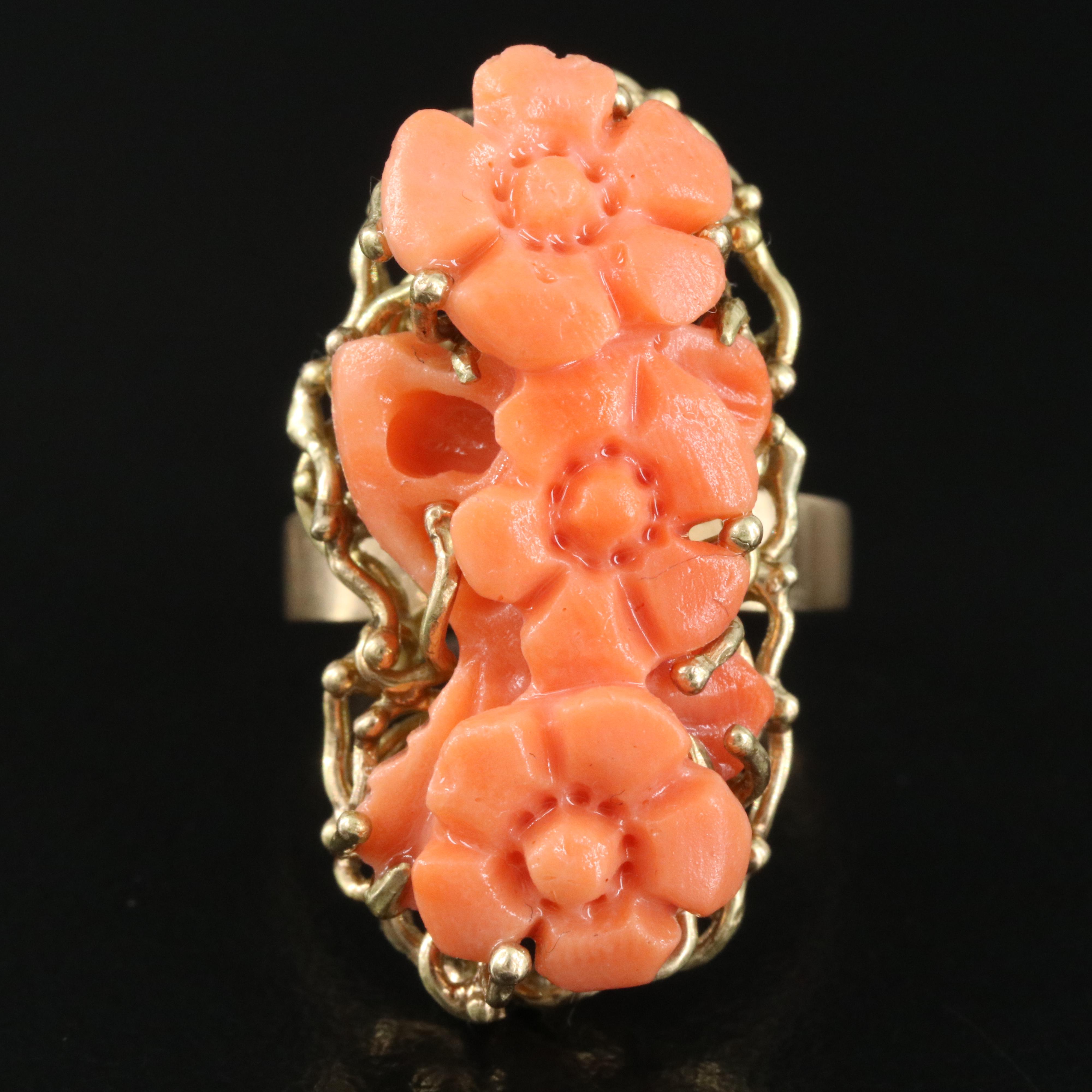 14K Carved Coral Flower Ring