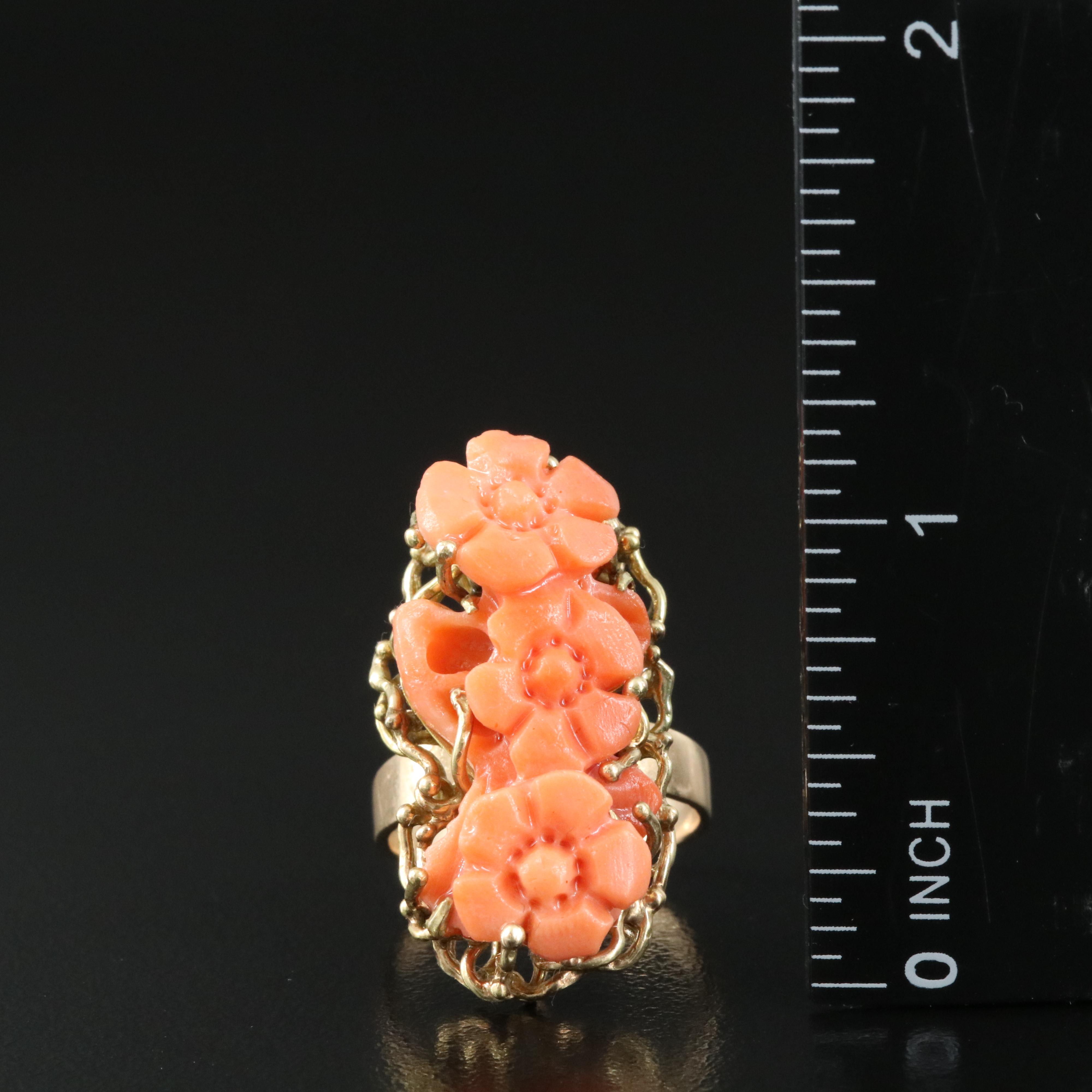 14K Carved Coral Flower Ring