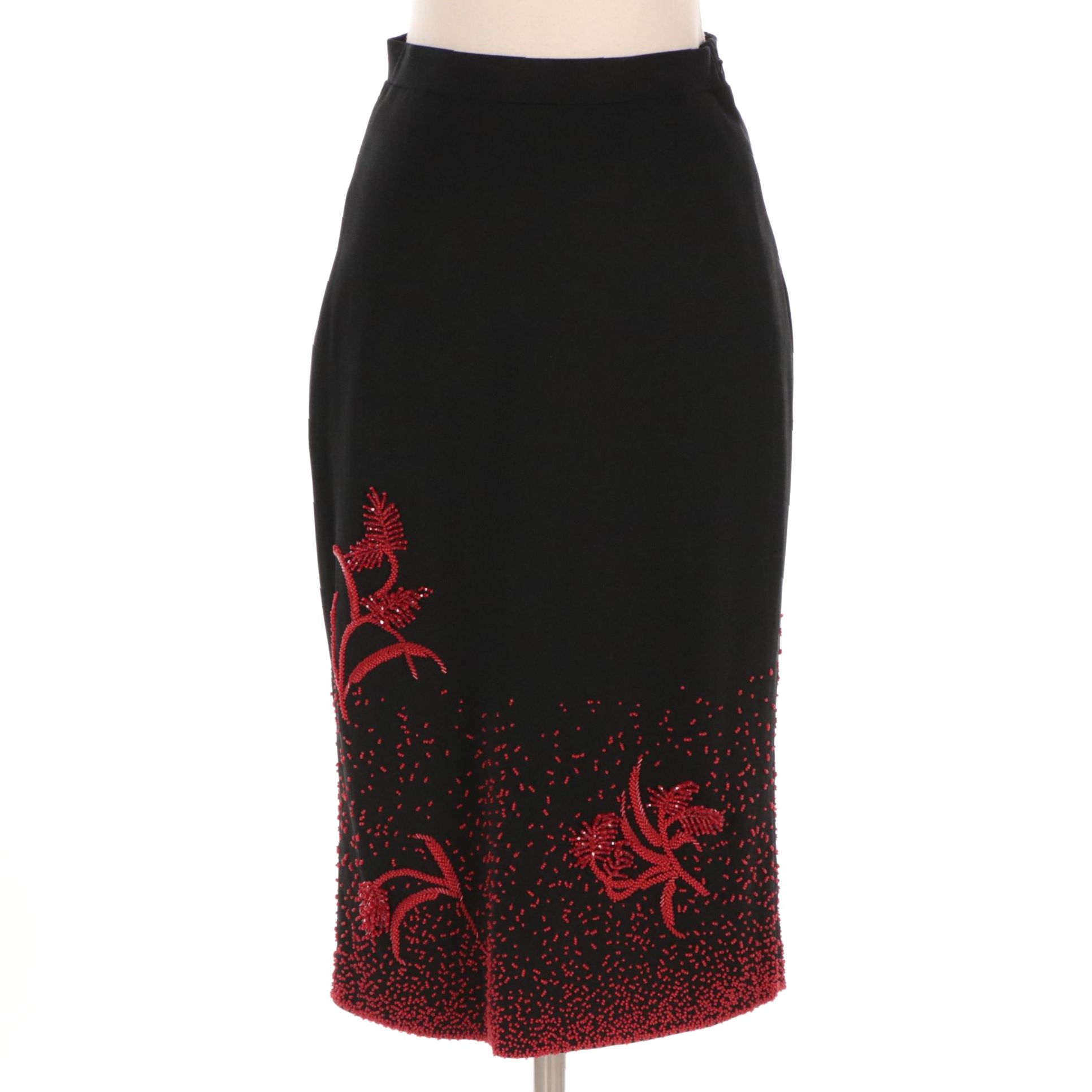 Prada Black Silk Knee-Length Skirt with Red Bead Embellishments