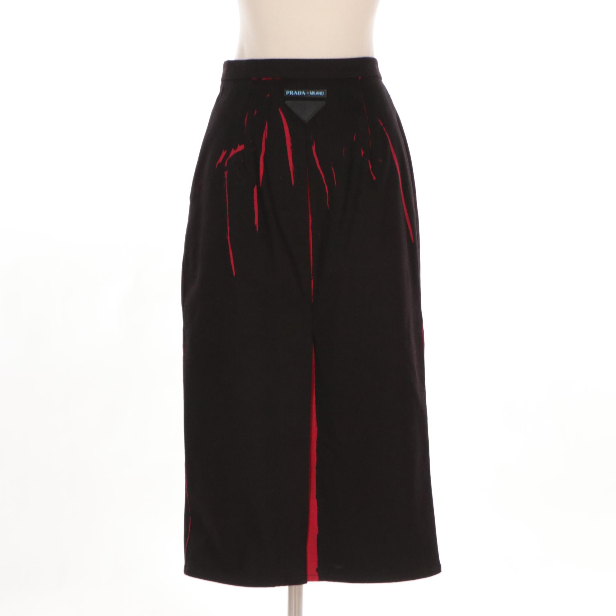 Prada Black and Red Denim Midi Pencil Skirt