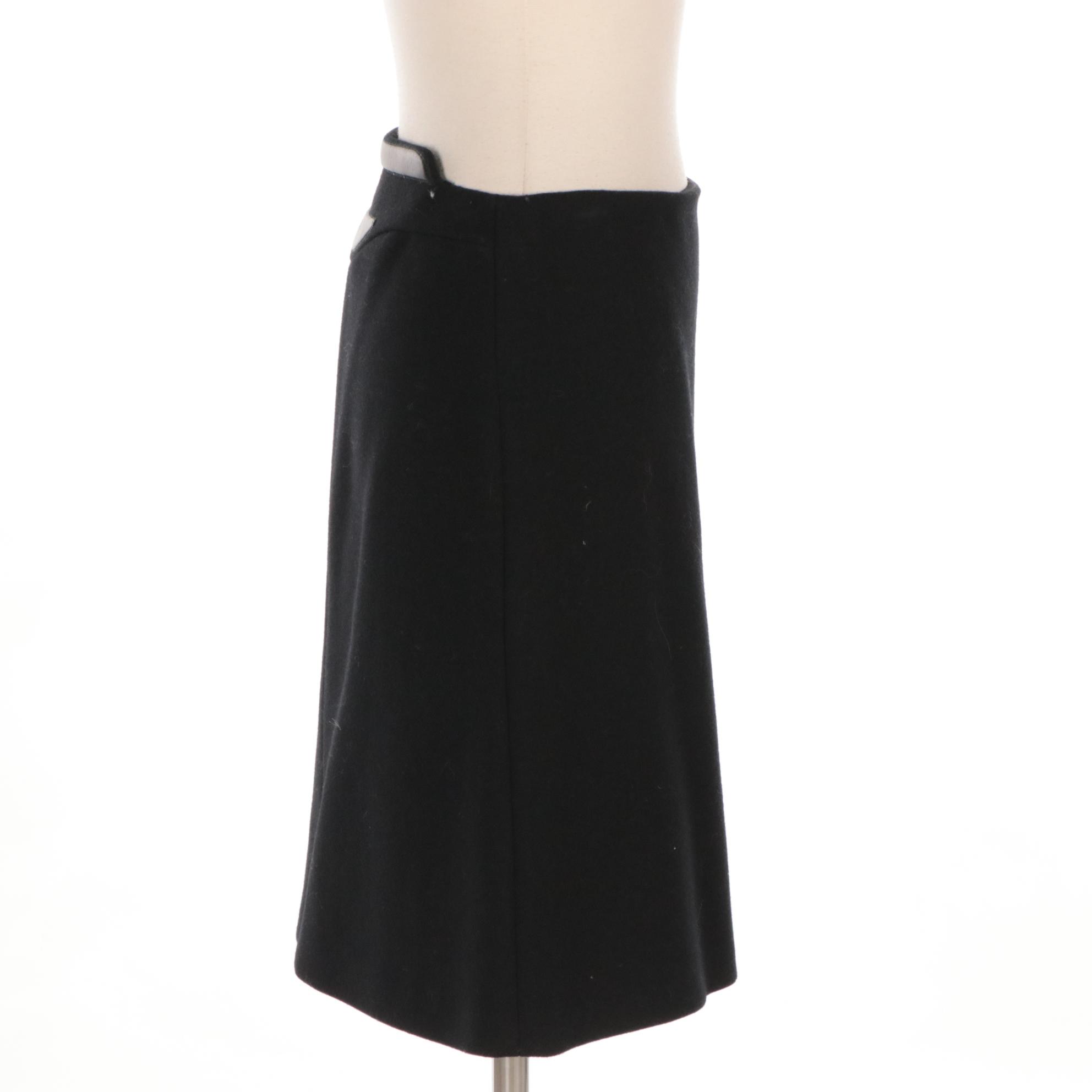 Prada Black Wool Skirt with Lambskin Leather Trim and Zipper Detail