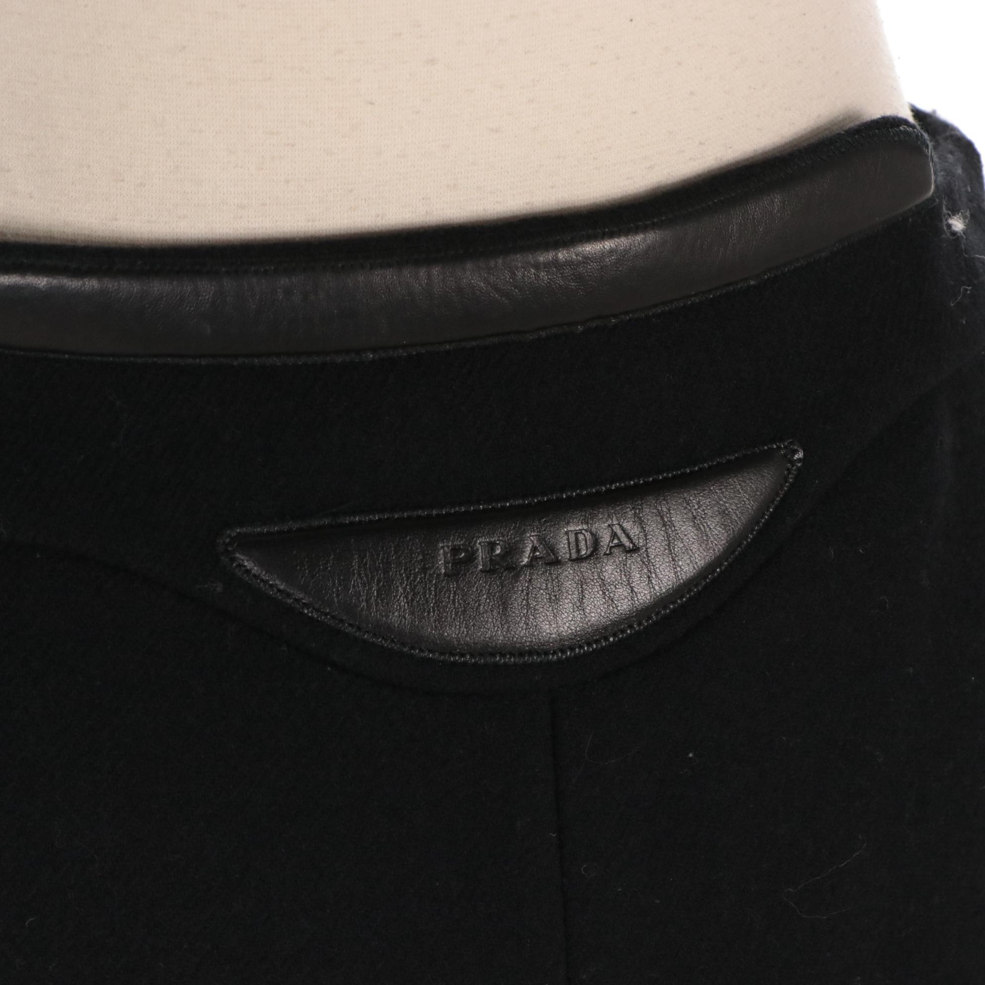 Prada Black Wool Skirt with Lambskin Leather Trim and Zipper Detail