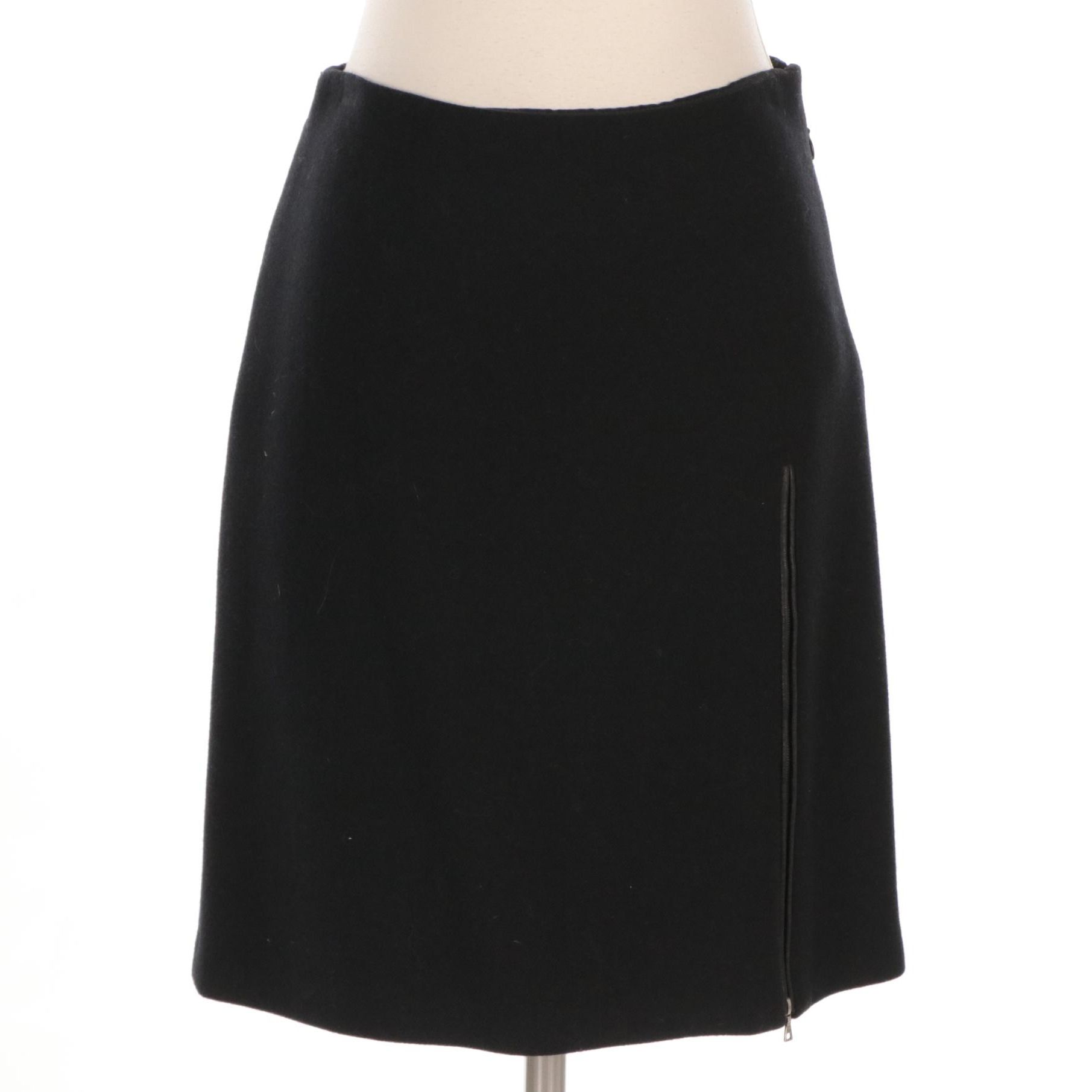 Prada Black Wool Skirt with Lambskin Leather Trim and Zipper Detail