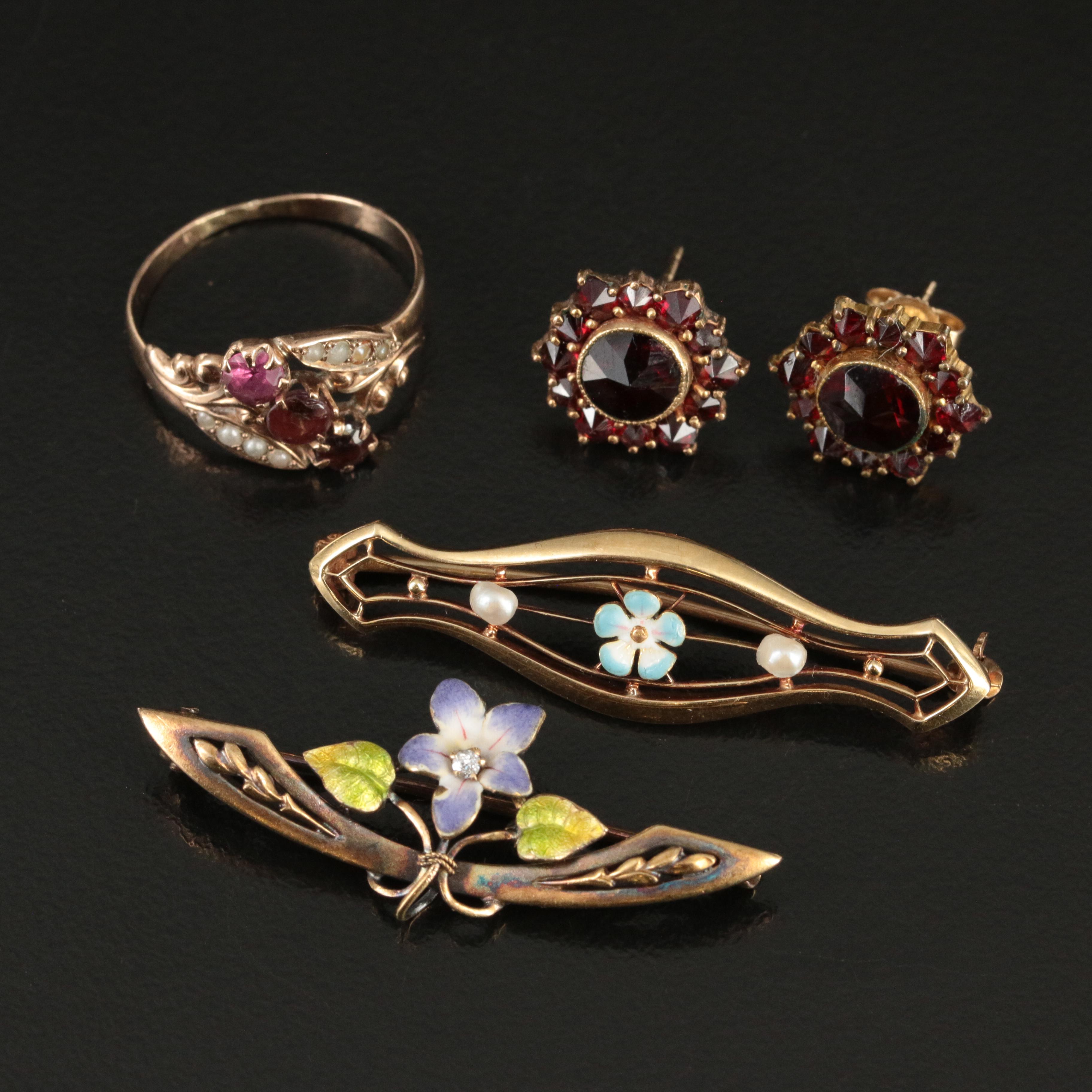 Krementz 14K Enamel Brooches and 10K Rose Gold Ring with Earrings