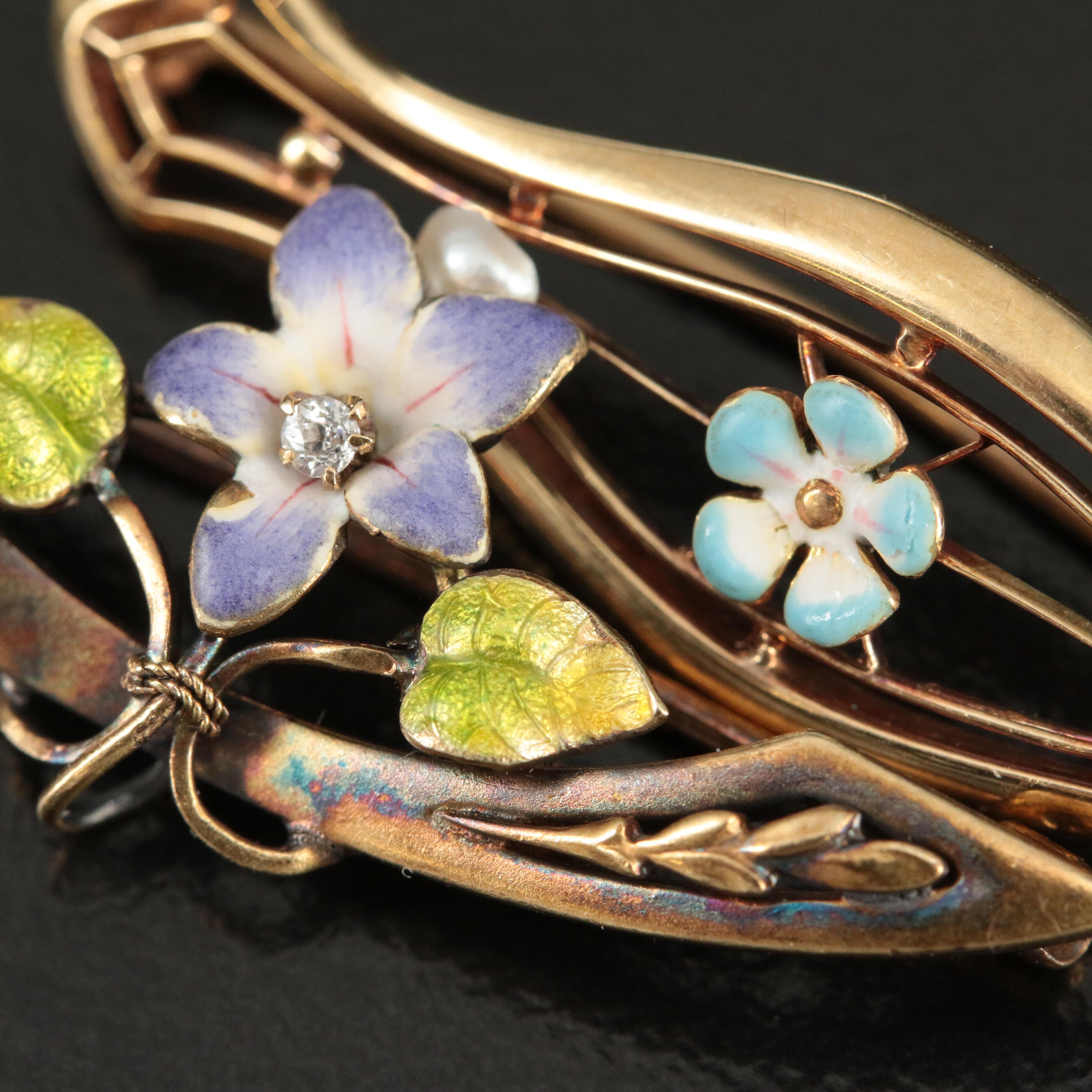 Krementz 14K Enamel Brooches and 10K Rose Gold Ring with Earrings