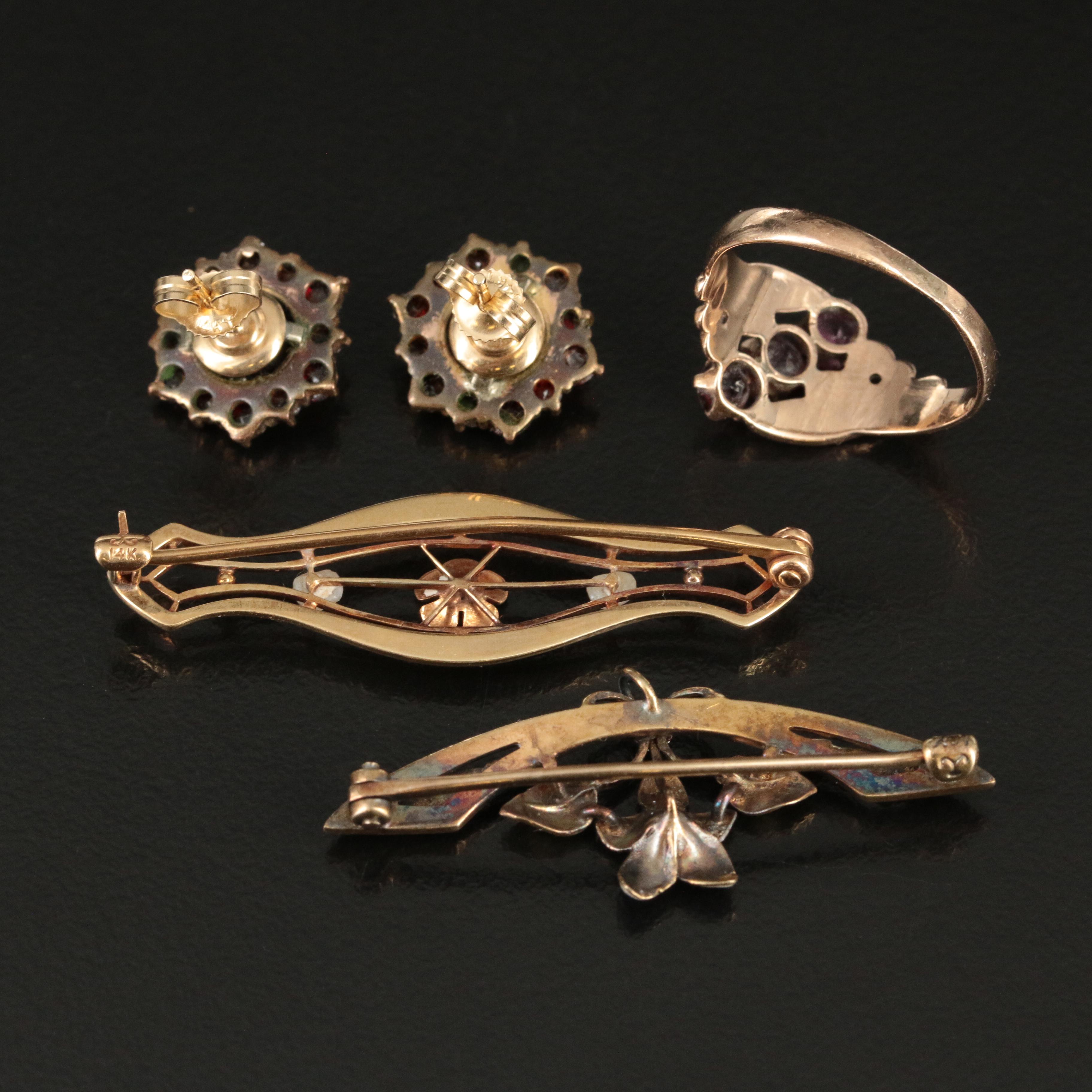 Krementz 14K Enamel Brooches and 10K Rose Gold Ring with Earrings