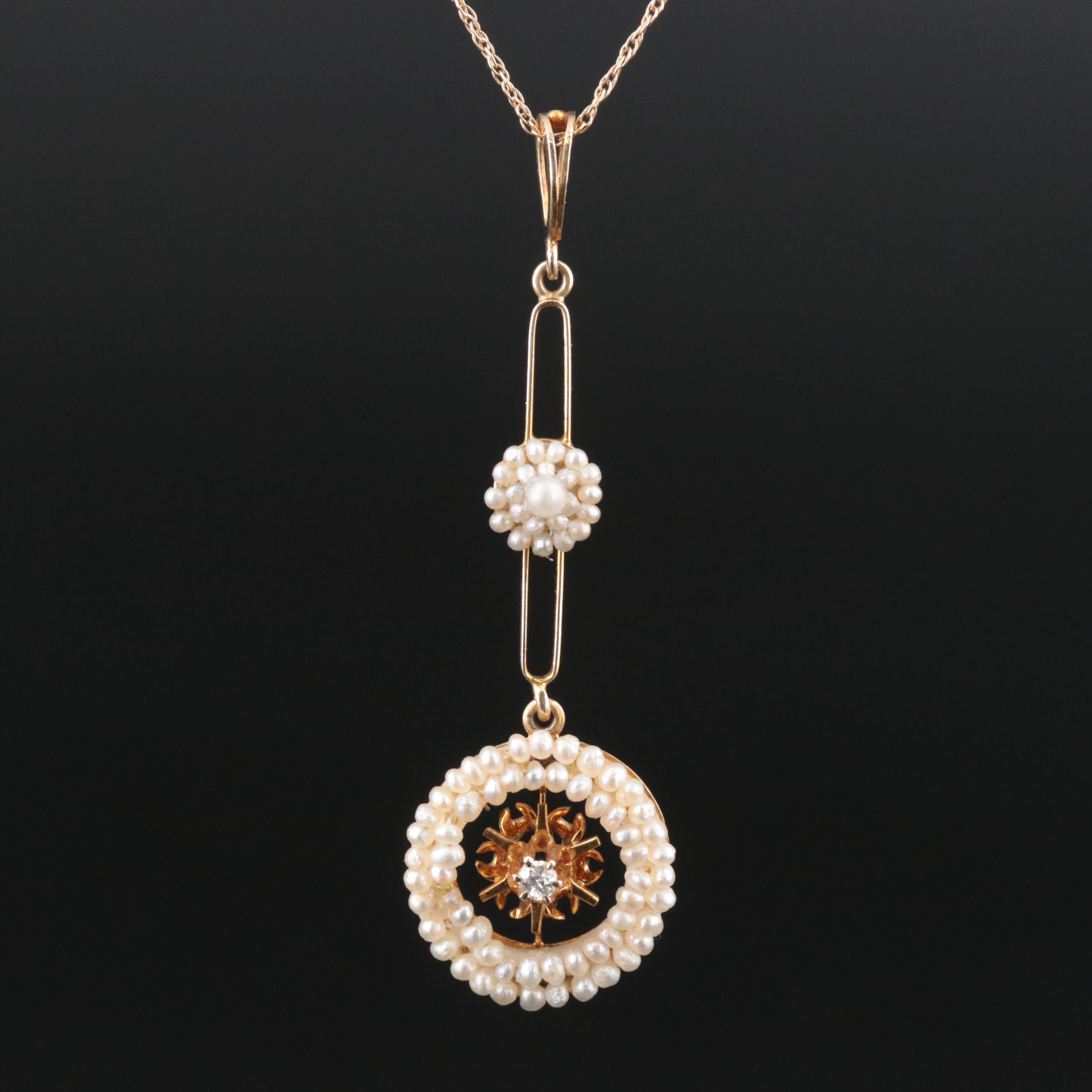 Antique 14K Diamond and Pearl Lavalier Pendant Necklace