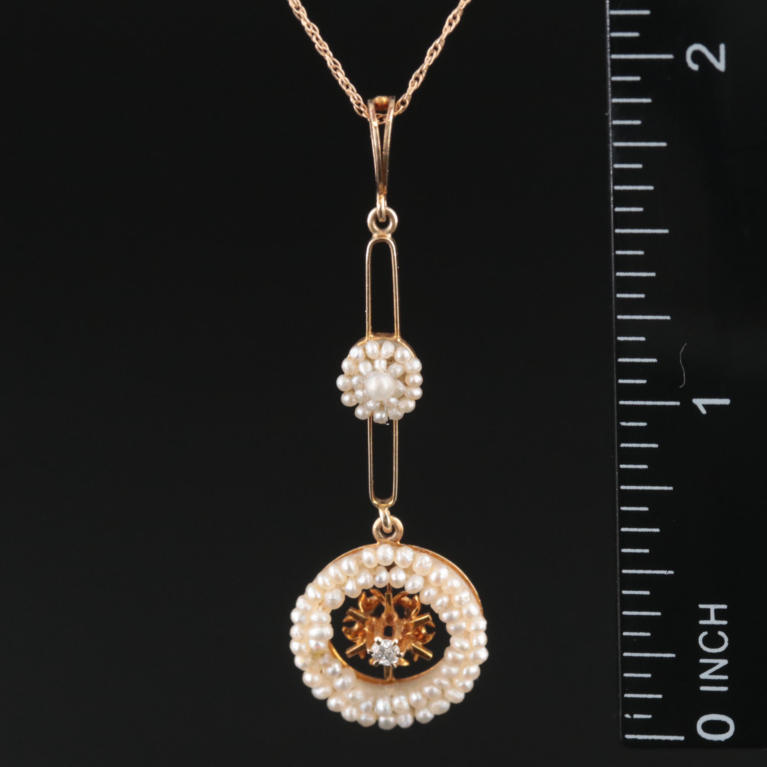 Antique 14K Diamond and Pearl Lavalier Pendant Necklace
