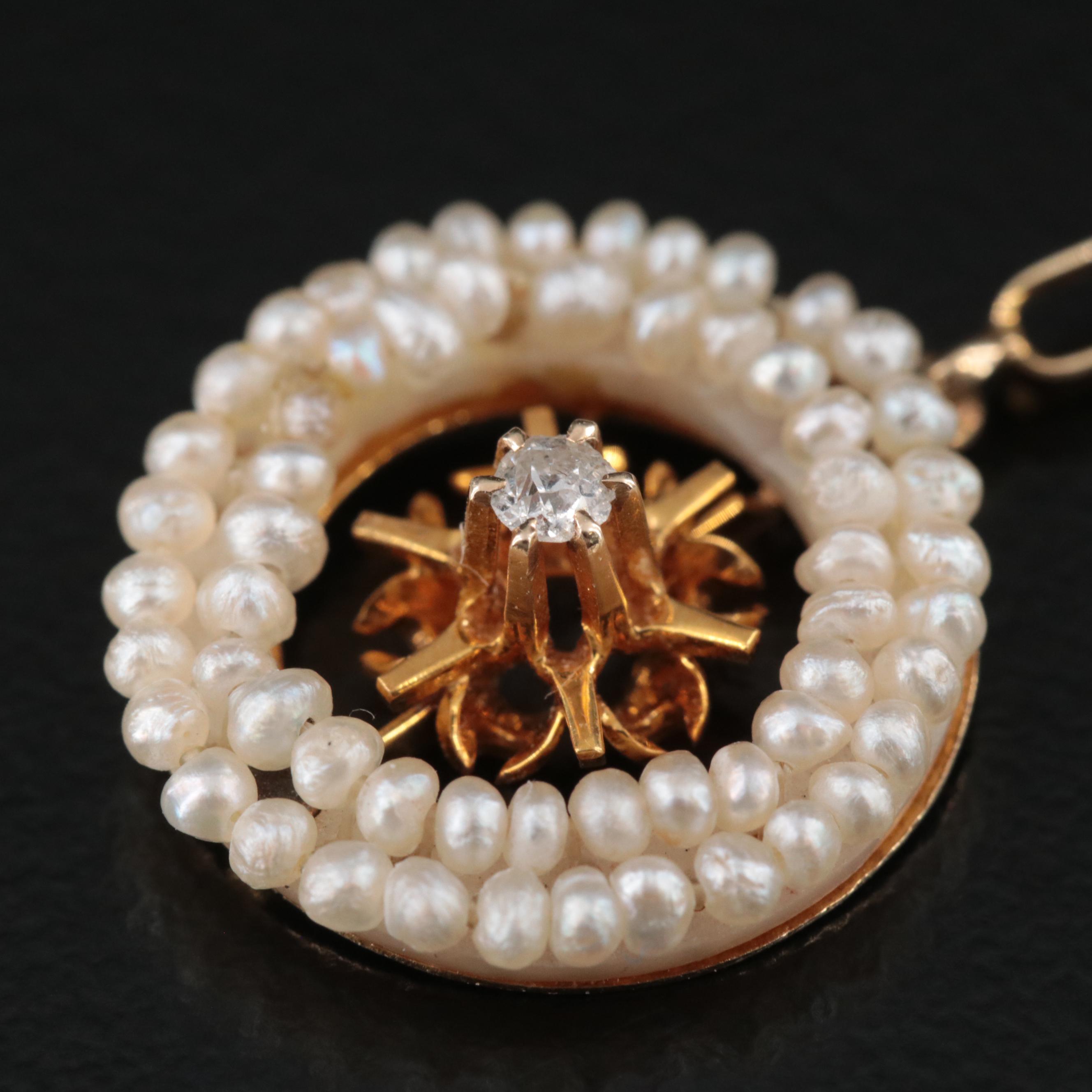 Antique 14K Diamond and Pearl Lavalier Pendant Necklace