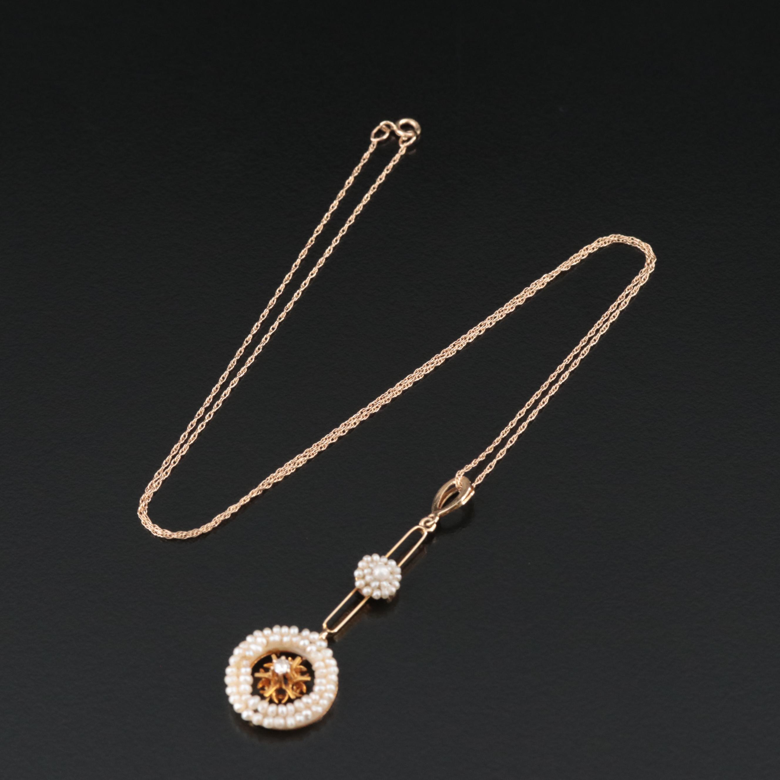 Antique 14K Diamond and Pearl Lavalier Pendant Necklace