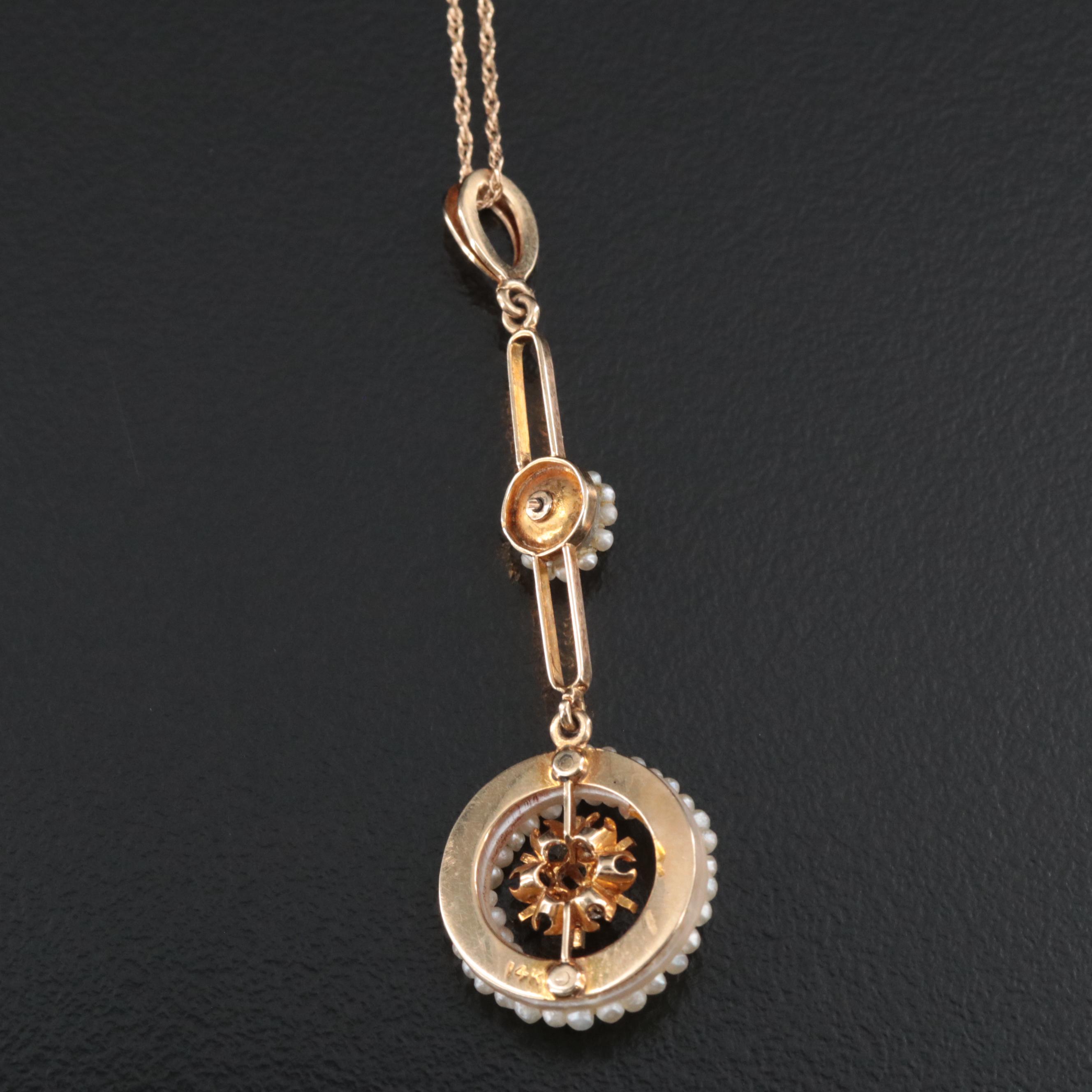 Antique 14K Diamond and Pearl Lavalier Pendant Necklace