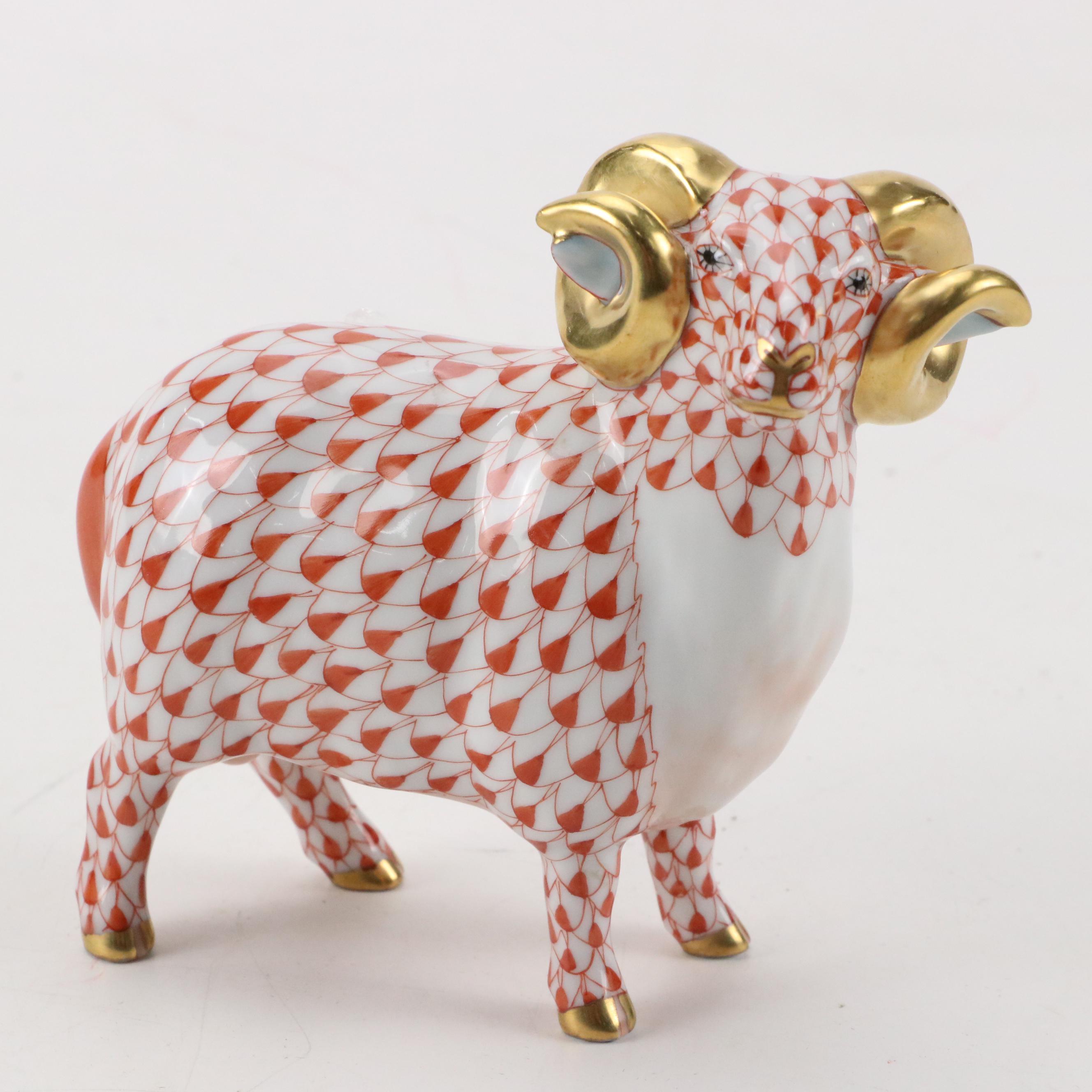 Herend Rust Fishnet with Gold "English Ram" Porcelain Figurine