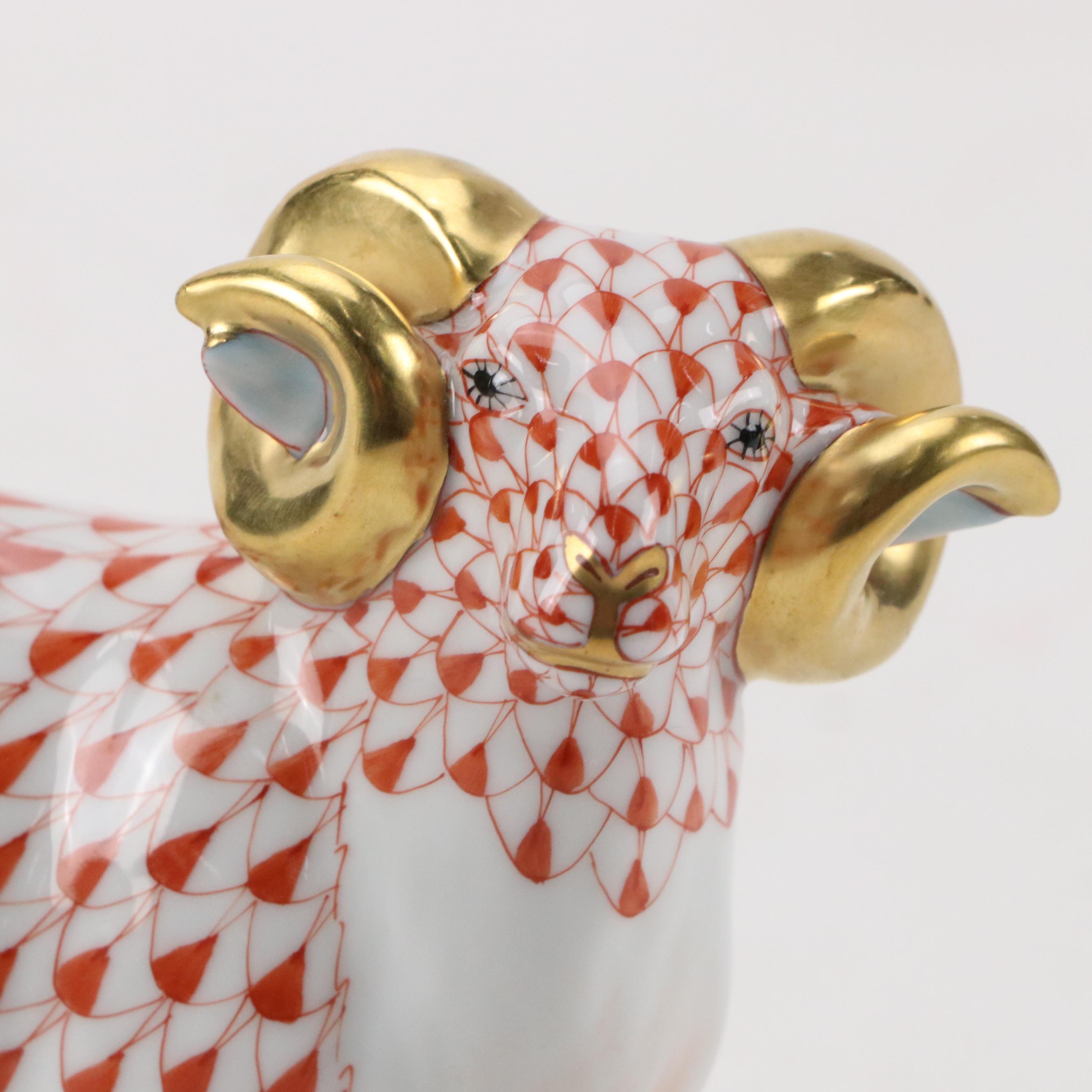 Herend Rust Fishnet with Gold "English Ram" Porcelain Figurine