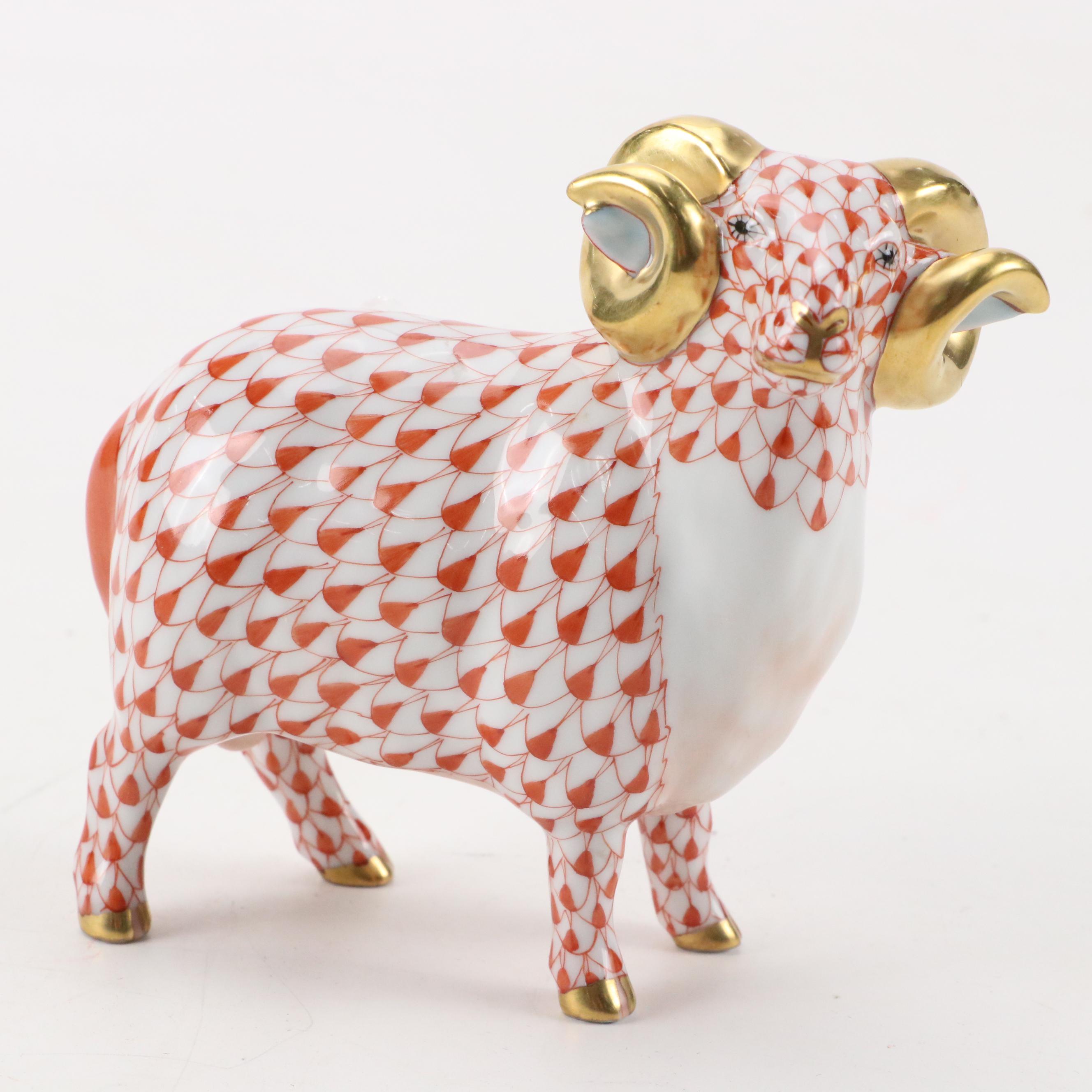 Herend Rust Fishnet with Gold "English Ram" Porcelain Figurine